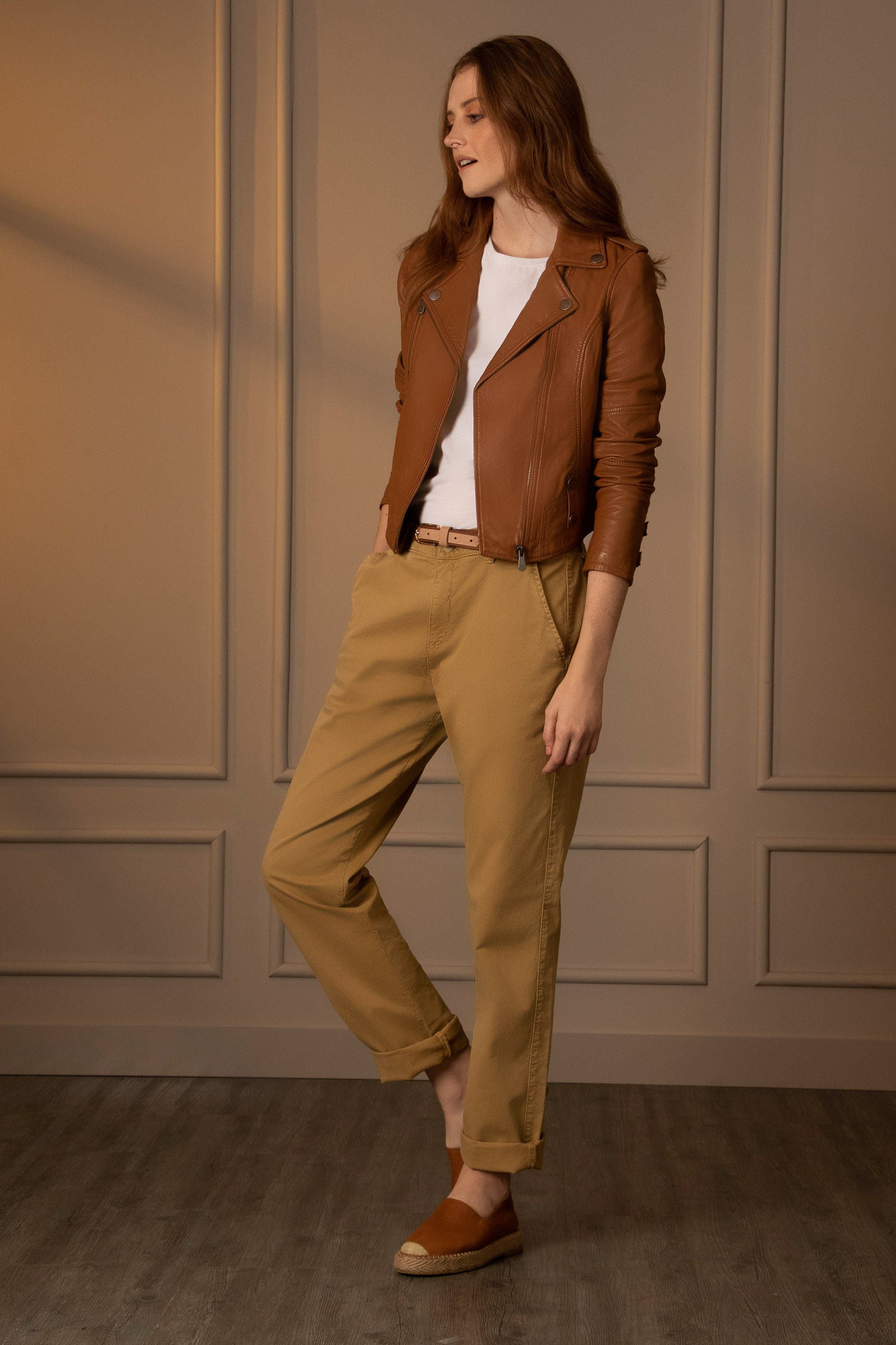 Women’s Biker Jacket in Honey Leather with Epaulets