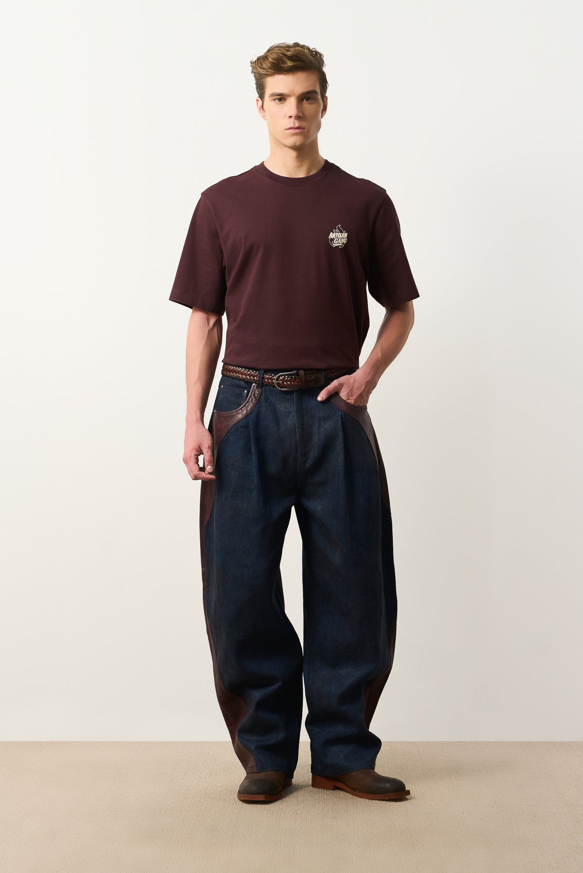 Men's Leather and Denim Barrel Jeans