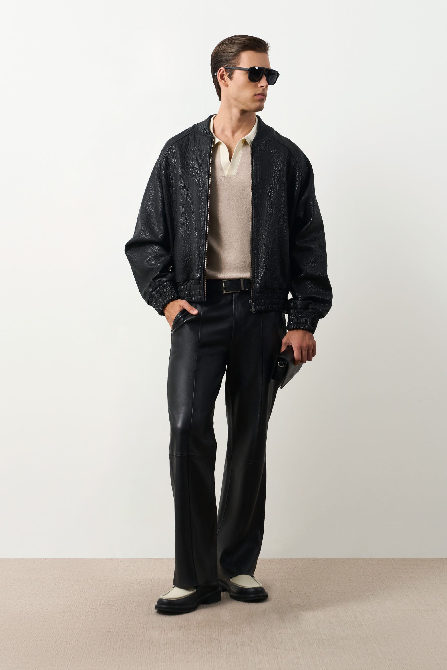 Men's Calypso Textured Leather Bomber Jacket