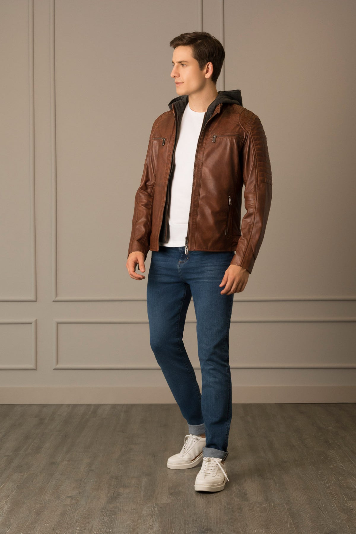 Men`s Belmont Leather Jacket with Hood and Chest Pocket