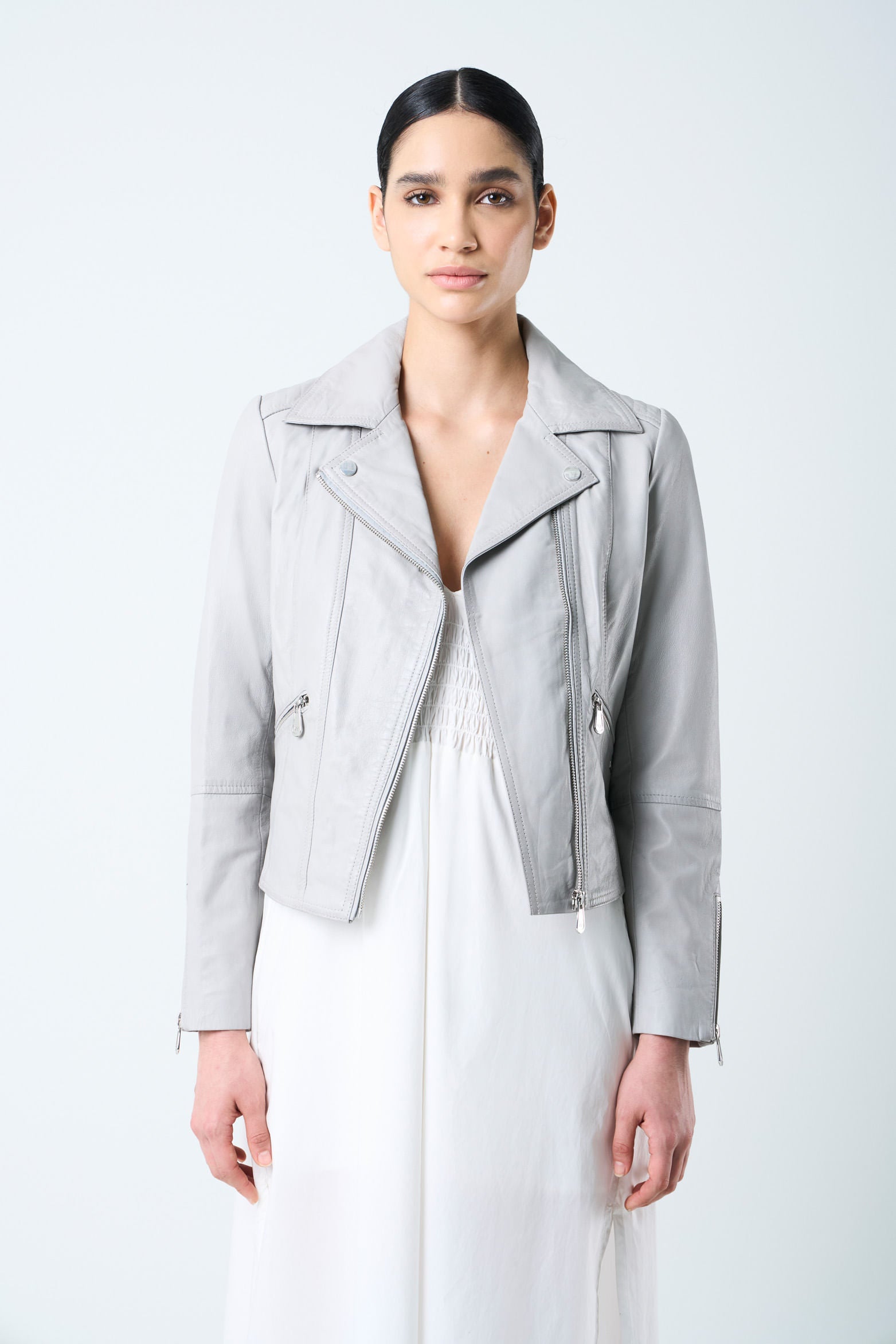 Biker-Style Leather Jacket for Women with Zippers Grey