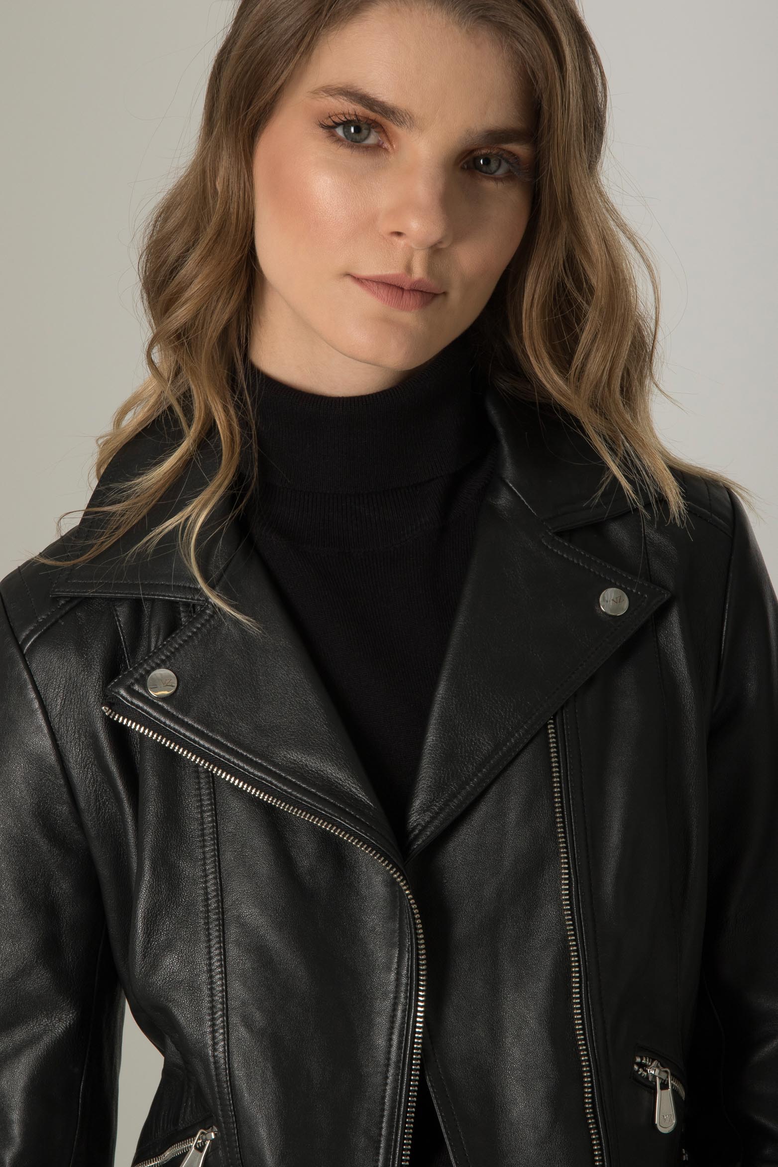 Women’s Island Leather Biker Jacket in Black with Zippers