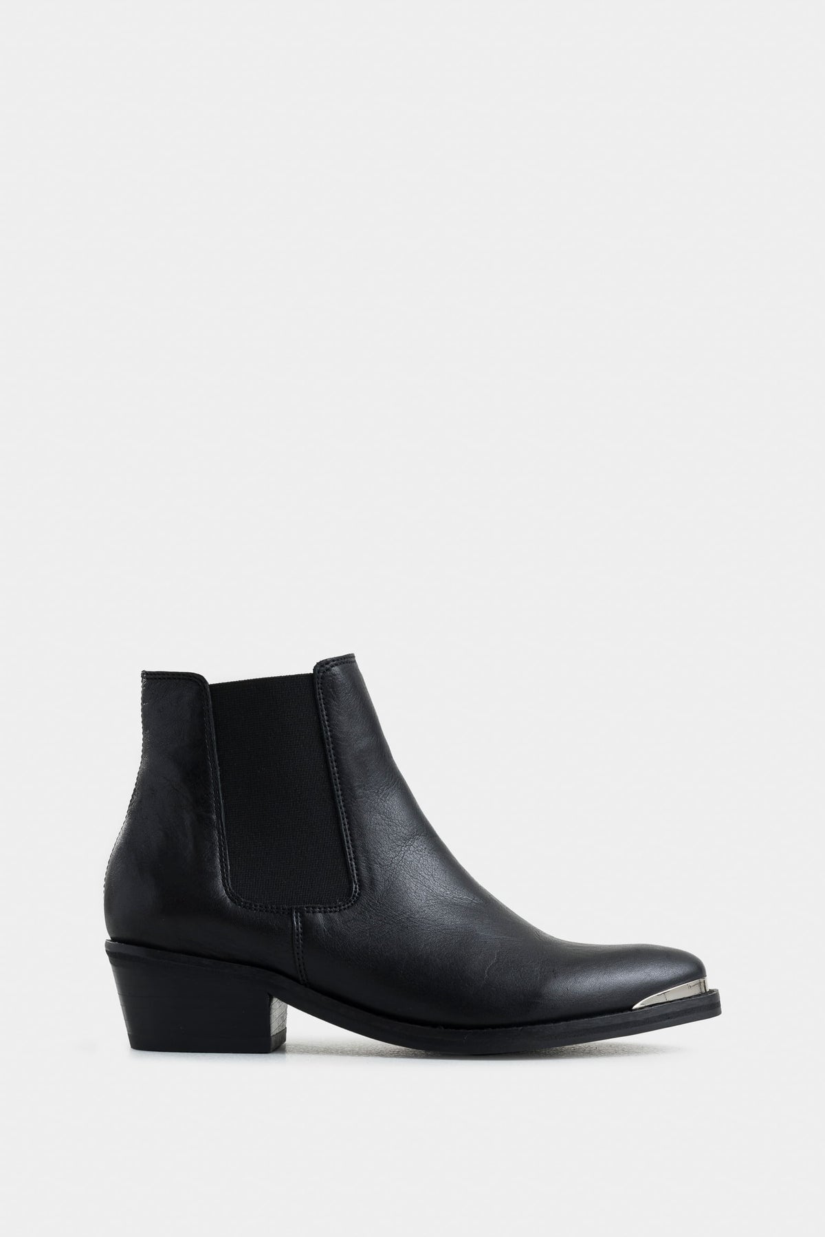 Dark leather ankle boots with metal toe cap for women