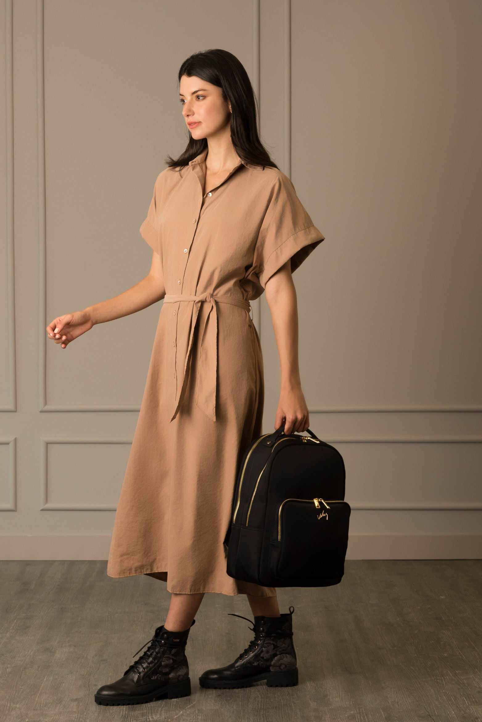 Women’s Purple Backpack in Black Canvas with Leather Details and Padded Straps