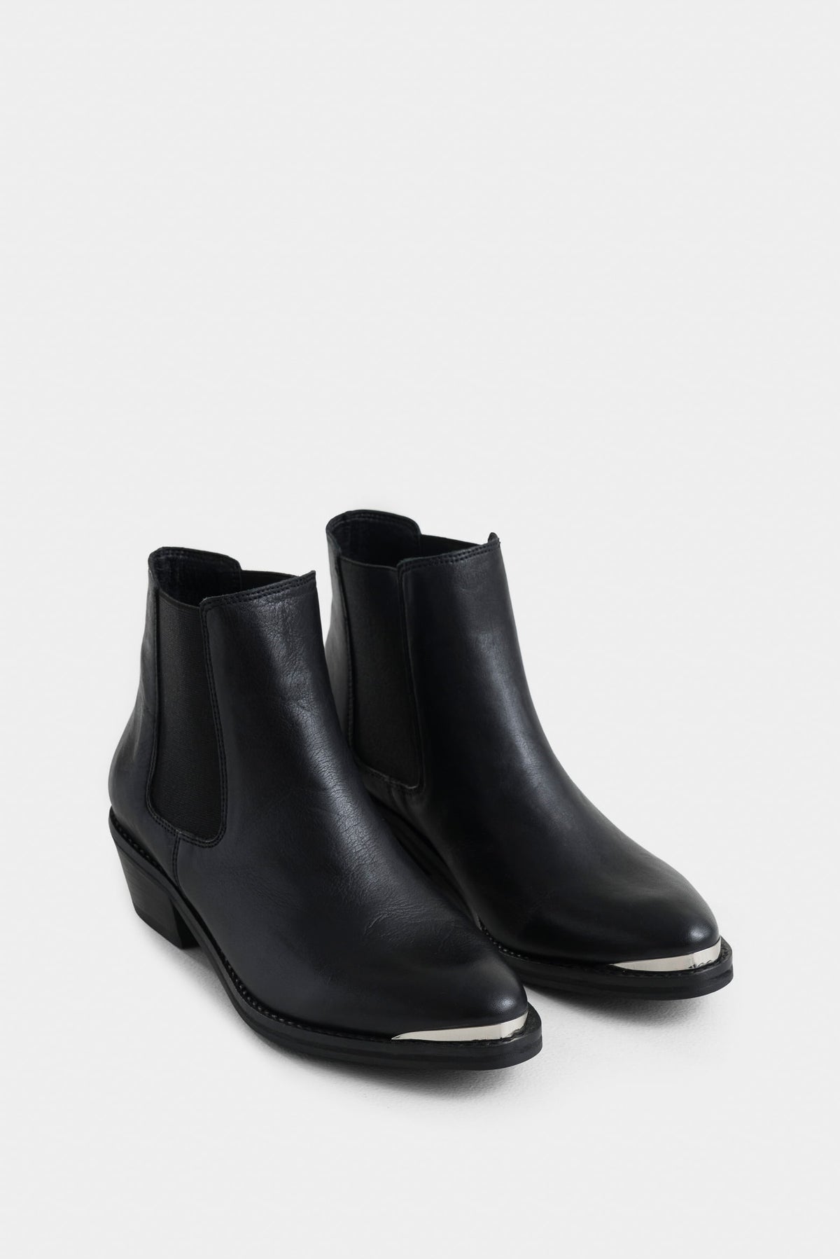 Dark leather ankle boots with metal toe cap for women