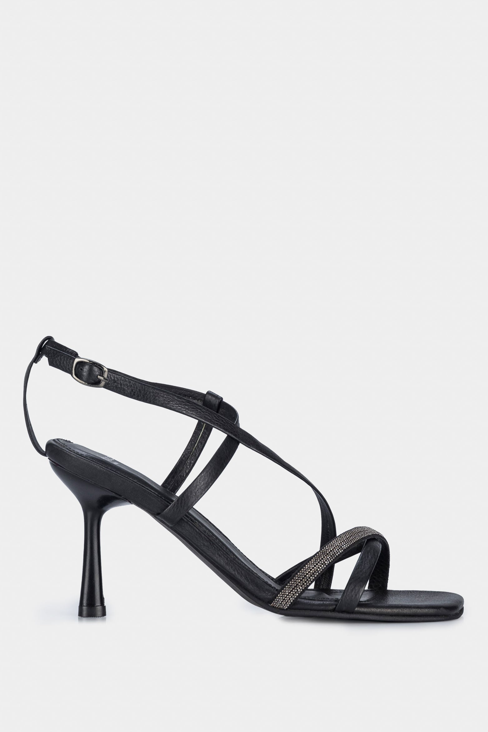 Women’s Figi Stiletto Sandals in Black Leather with Decorative Appliqué