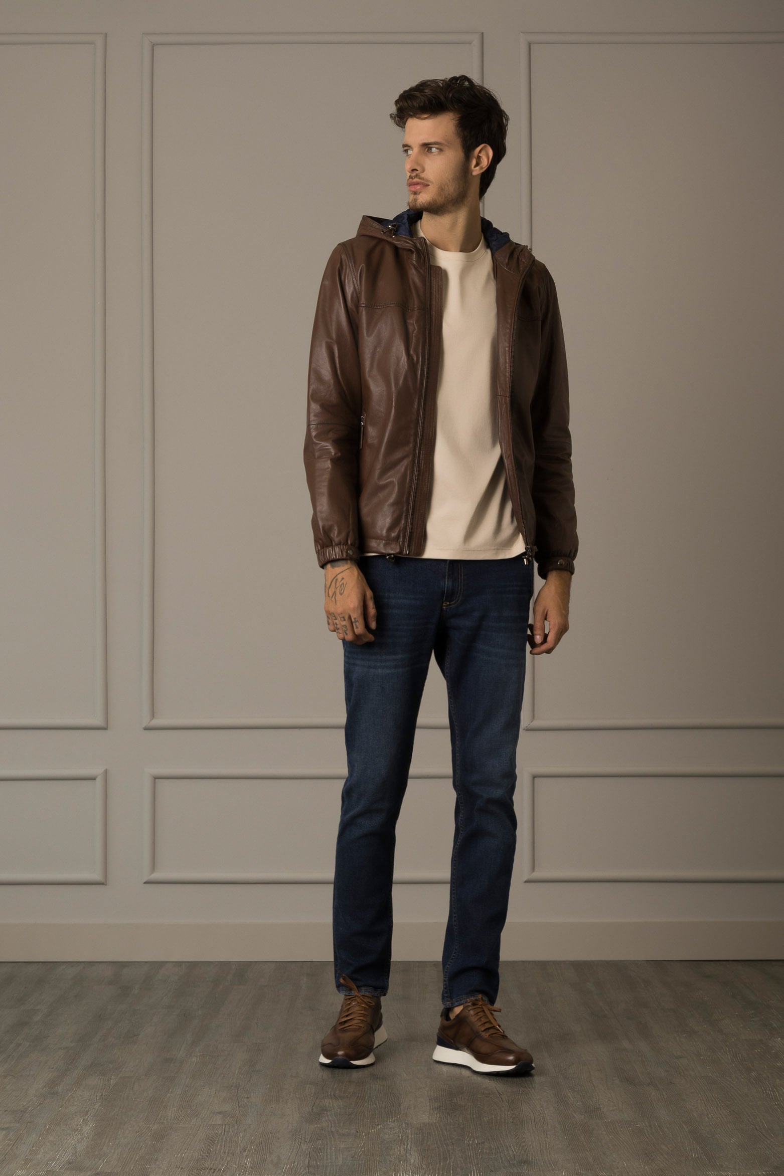 Sporty Humanist Leather Jacket for Men with Fixed Hood Brown