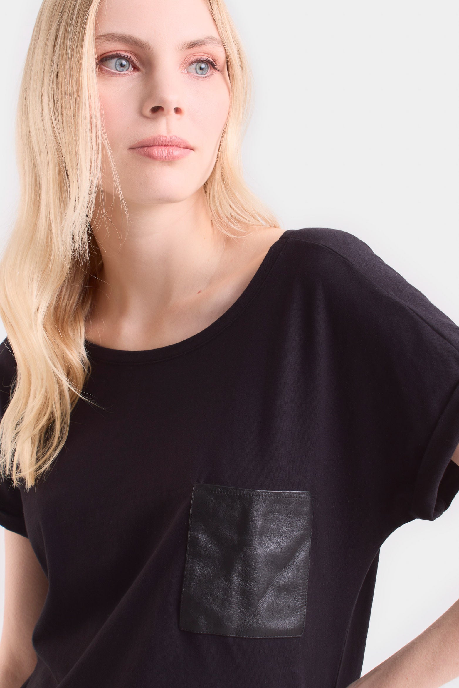 Women's Short Sleeve Blouse with Leather Pocket