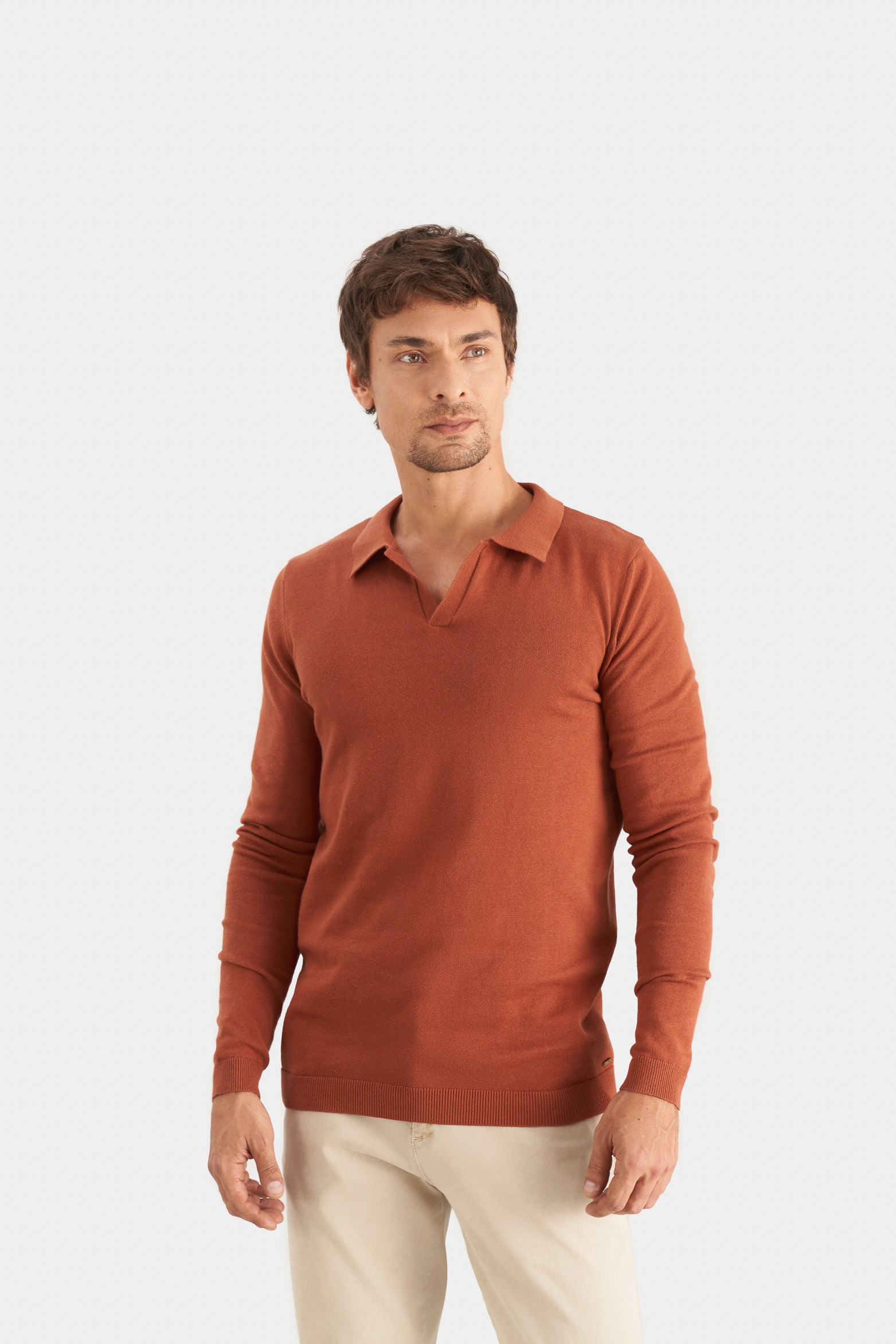 Men’s Pyxis Long Sleeve Knit Polo in Brandy