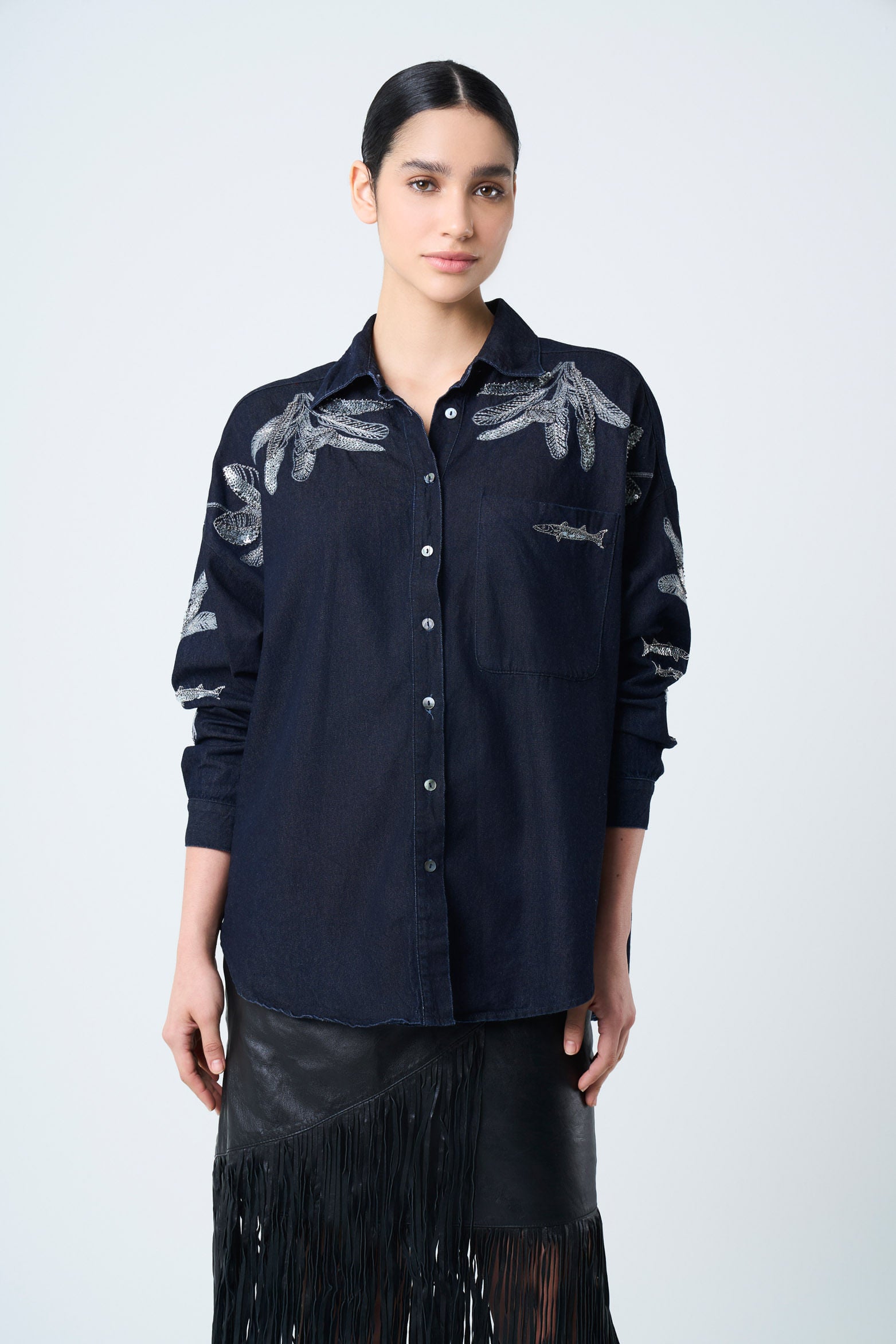 Oversized Shirt for Women with Metallic Embroidery