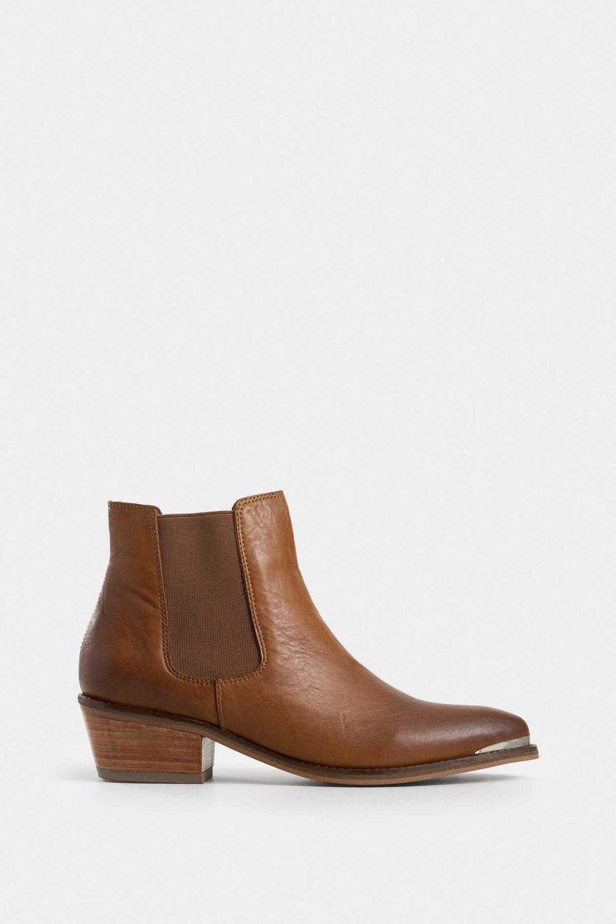 Dark leather ankle boots with metal toe cap for women