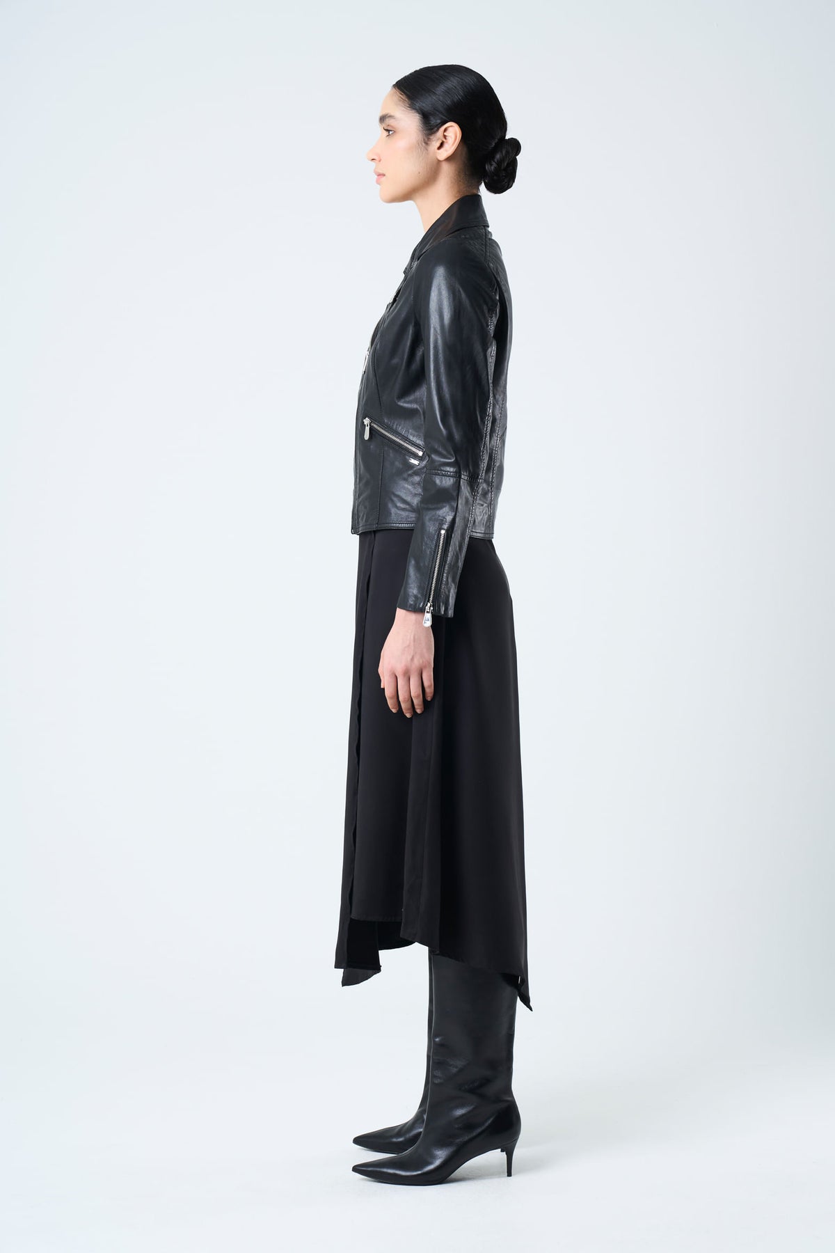Biker-silhouette leather jacket for women with zippers