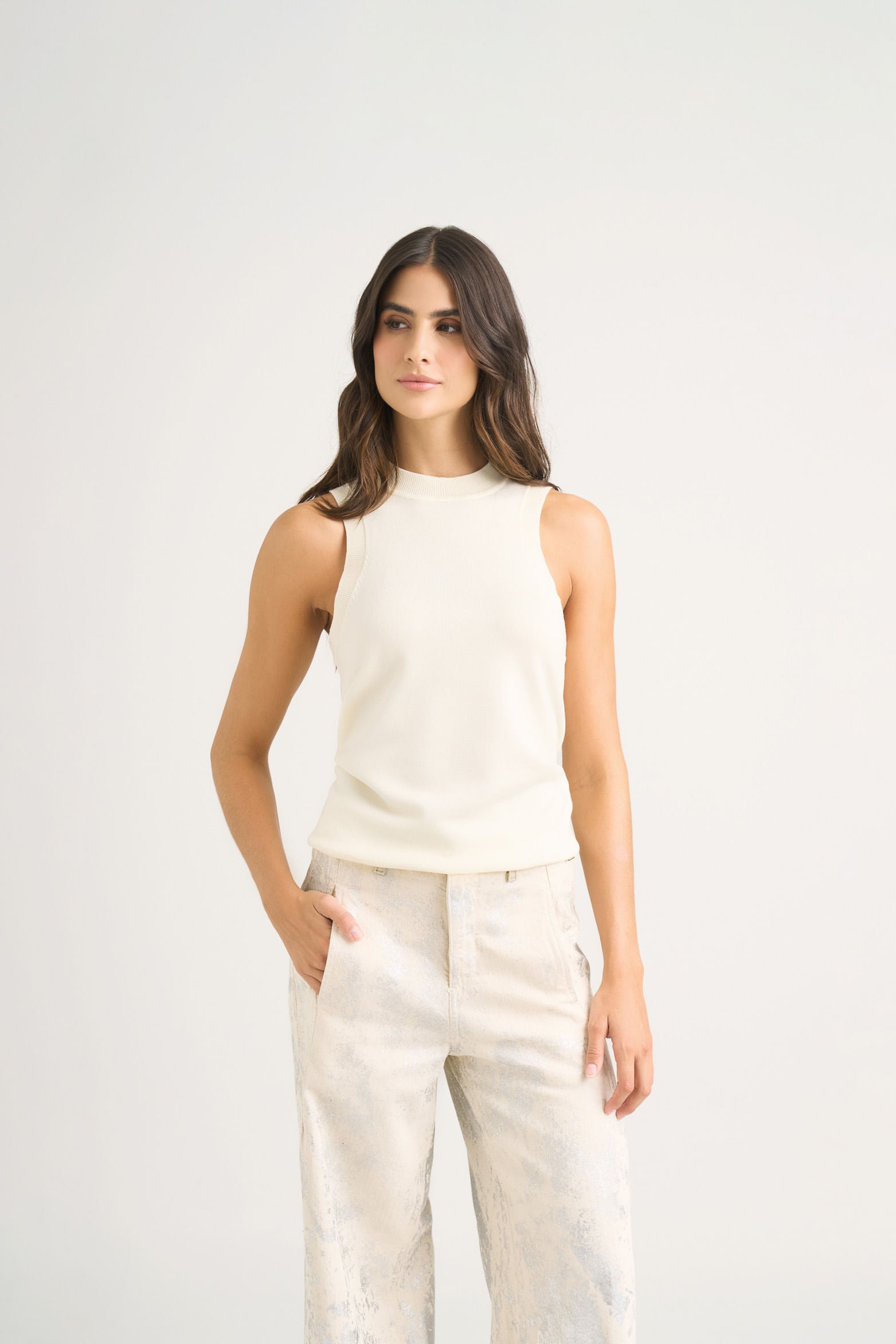 Rectilinear Knit Tank Top for Women Sleeveless Cream