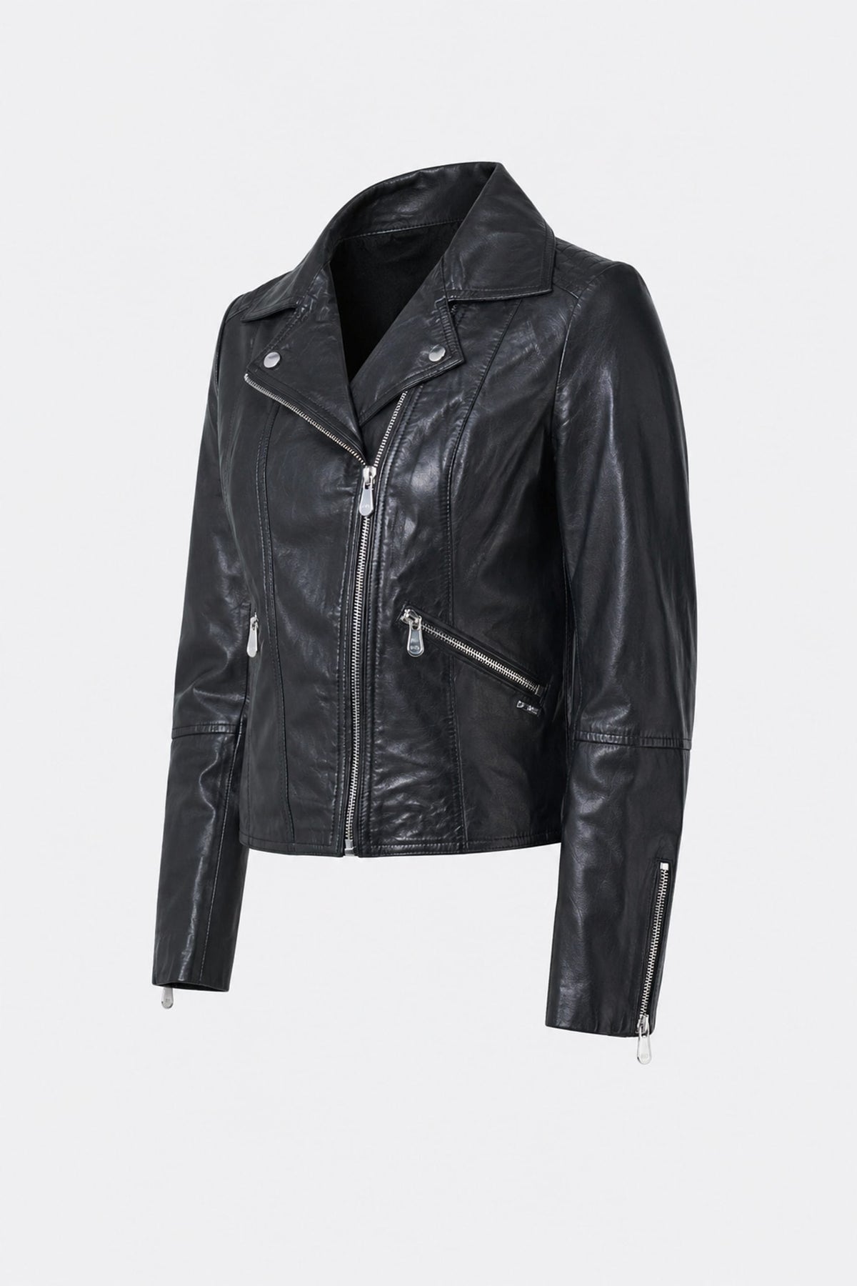 Biker-silhouette leather jacket for women with zippers