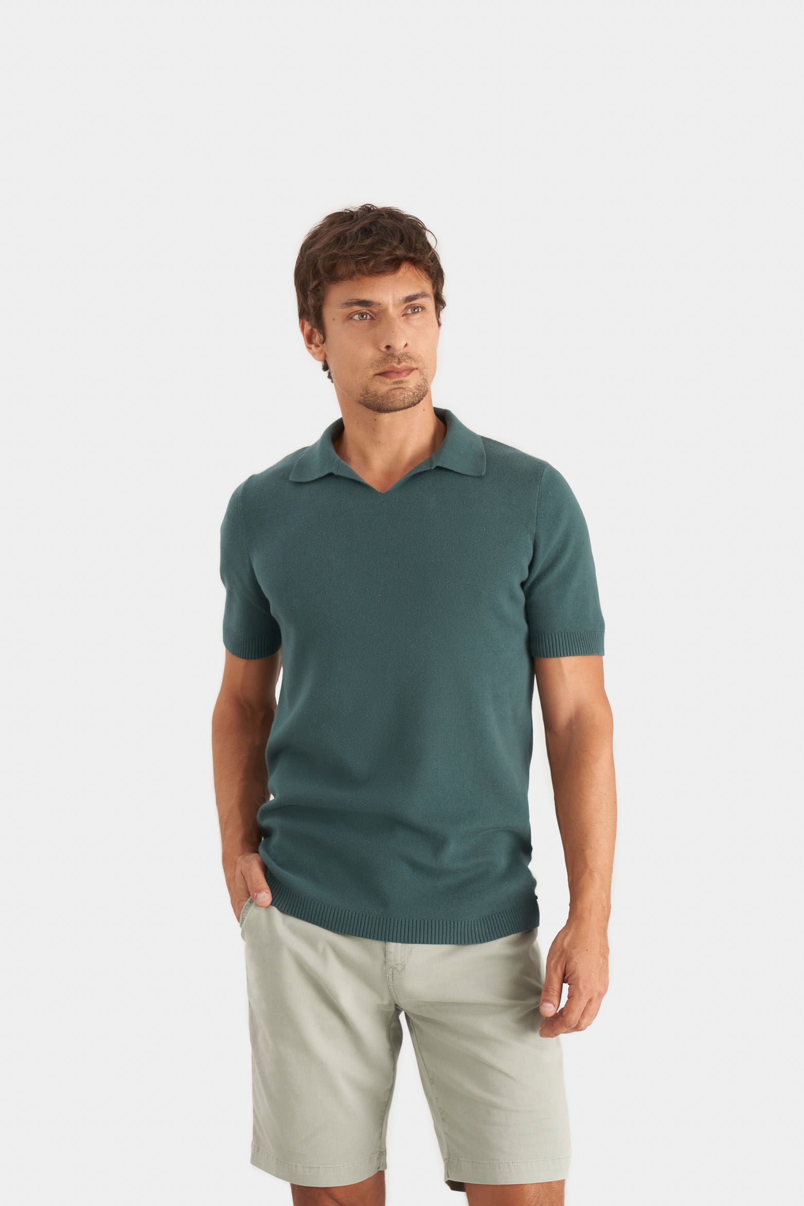 Men’s V-Neck Knit Polo in Aquamarine XX