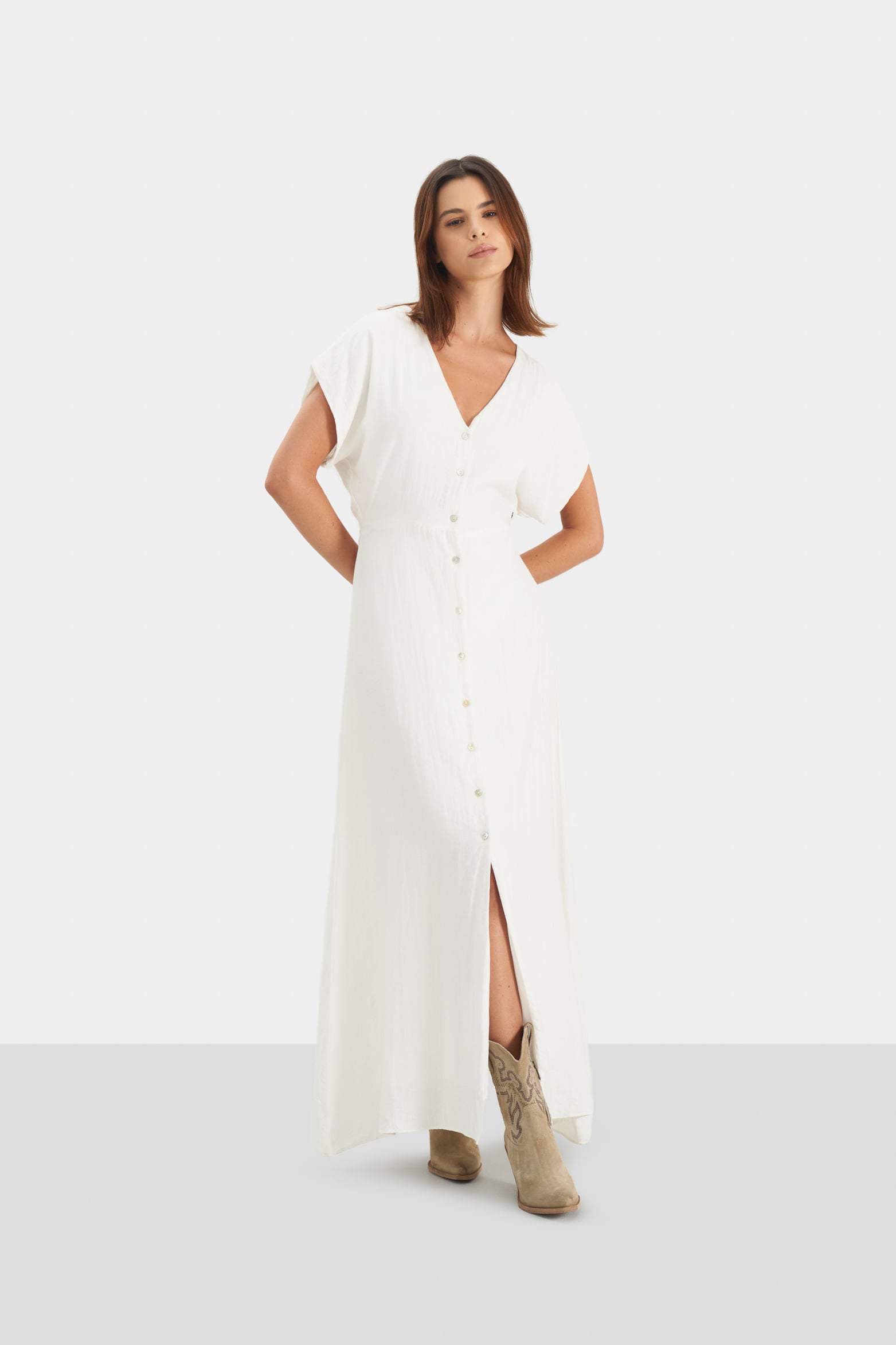 Women’s Venus Dress in White Shiny Flat Woven Fabric with V-Neck