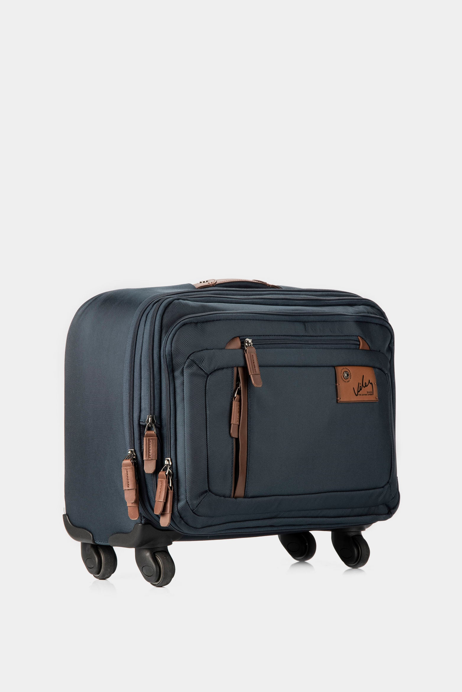16” Living Wheeled Briefcase in Dark Blue Canvas with Leather Details