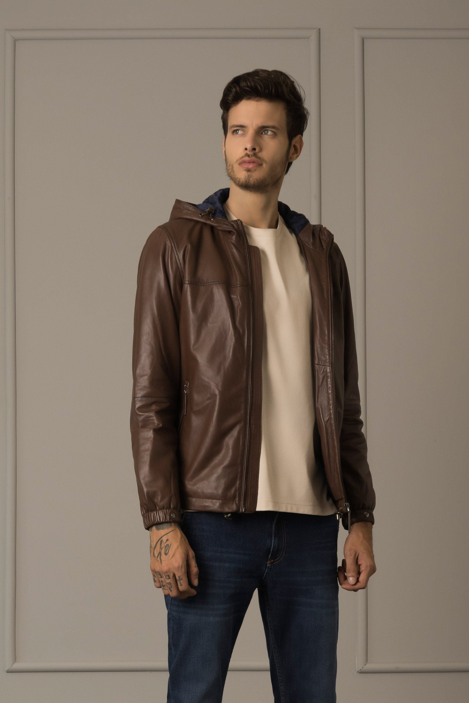 Sporty Humanist Leather Jacket for Men with Fixed Hood Brown