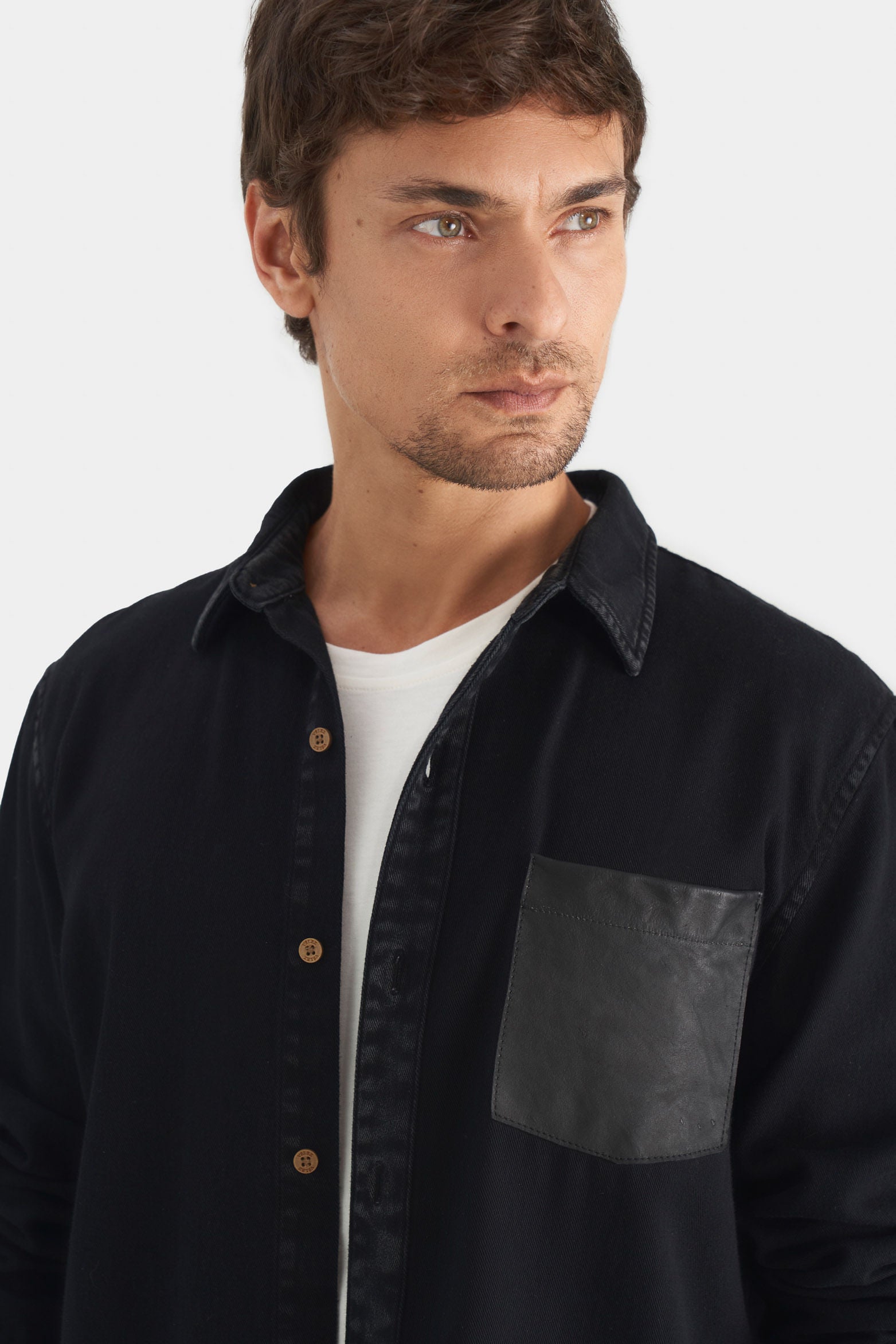 Men’s Duna Long-Sleeve Cotton Overshirt with Leather Pocket