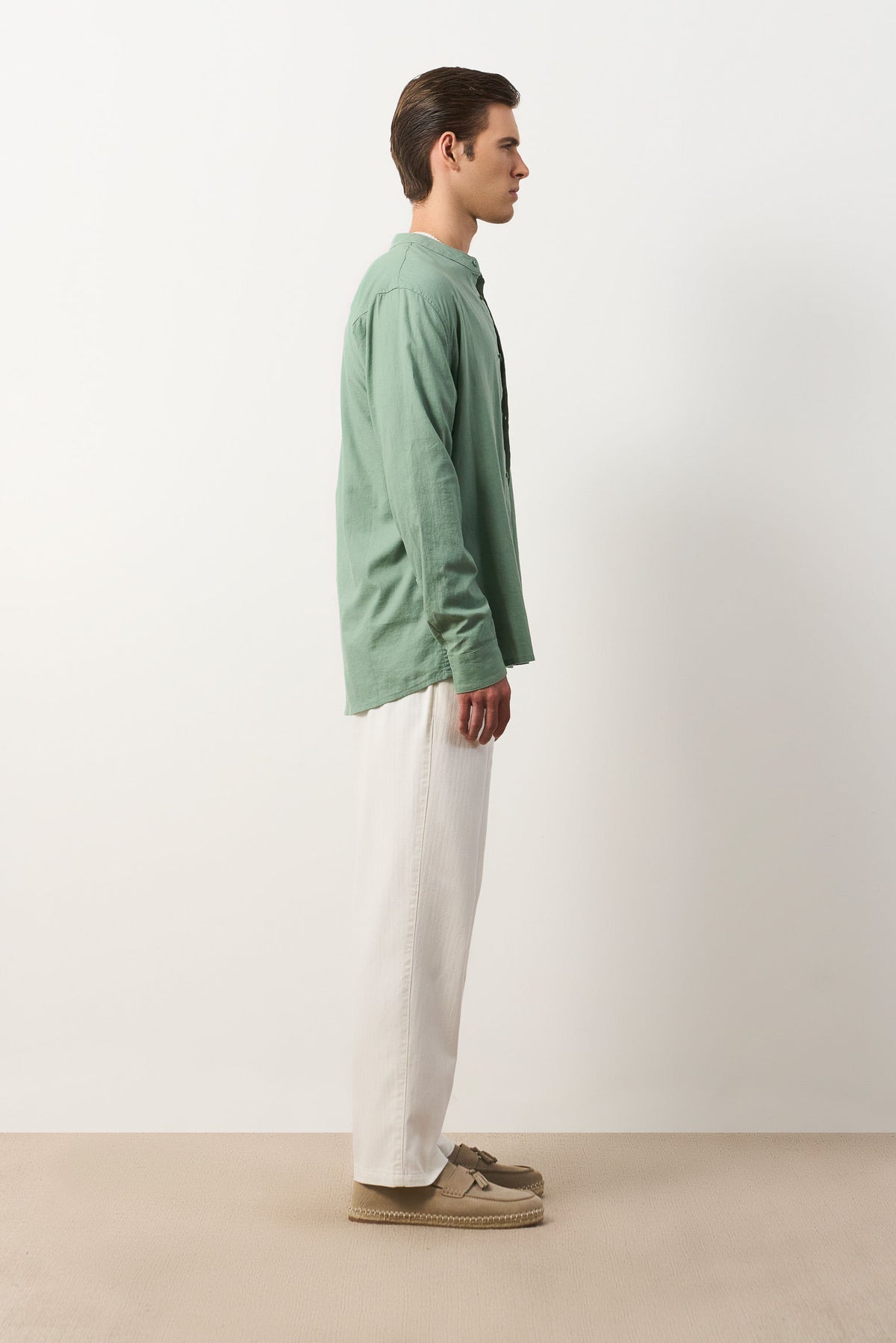 Men's Long Sleeve Linen Band Collar Shirt