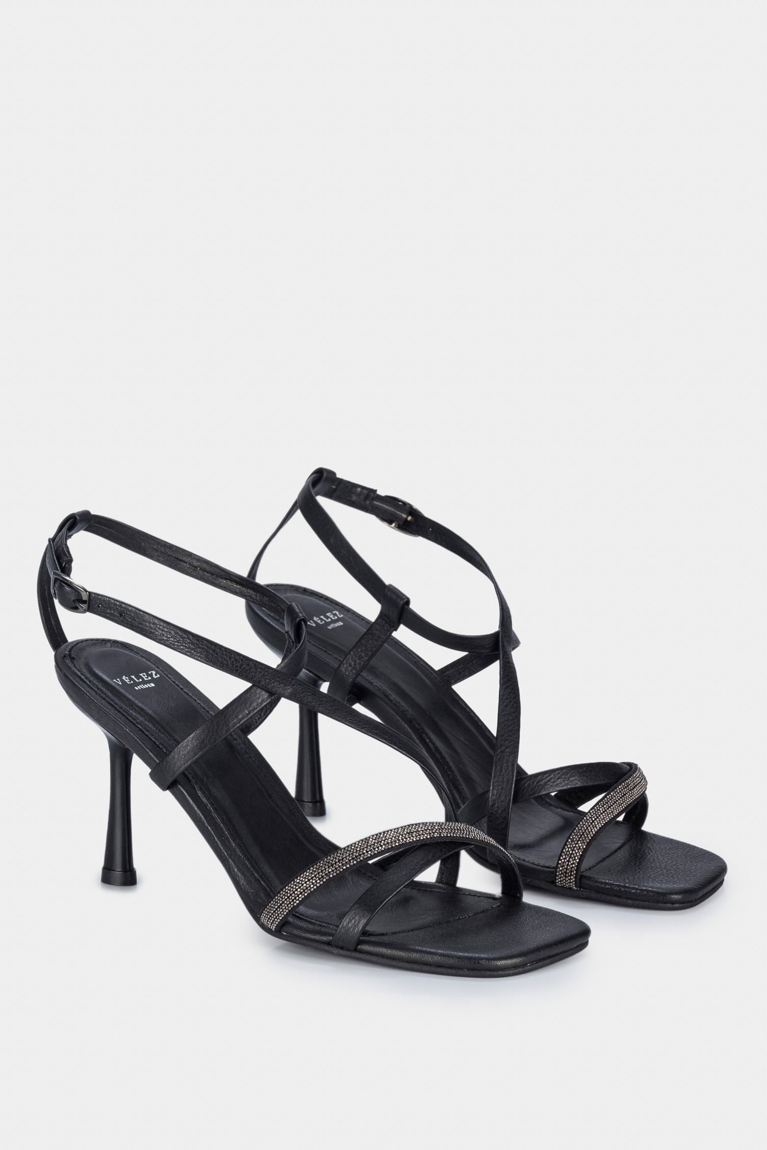 Women’s Figi Stiletto Sandals in Black Leather with Decorative Appliqué