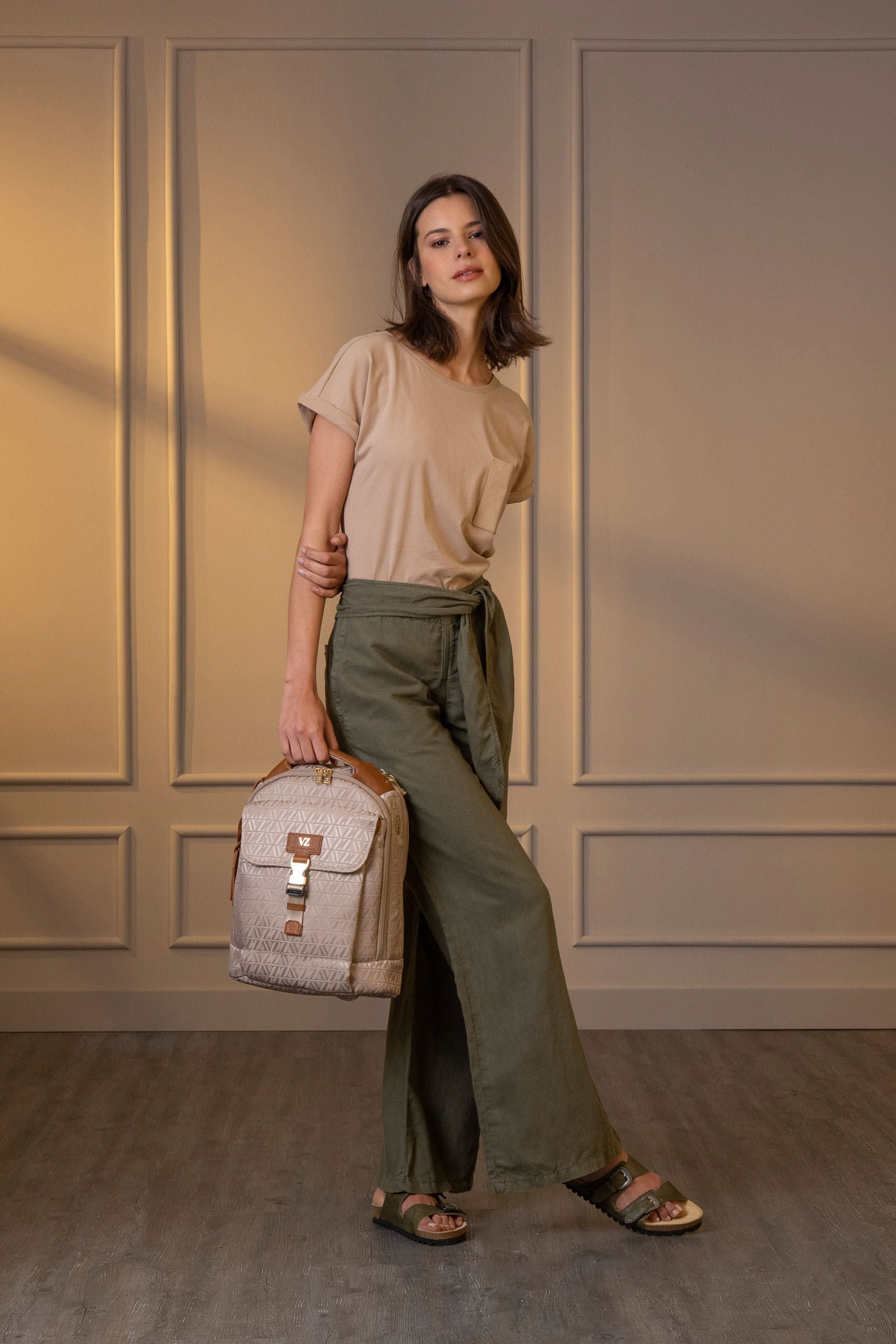 Women’s Bloom Backpack in Beige with Jacquard VZ Print and Metal Logo