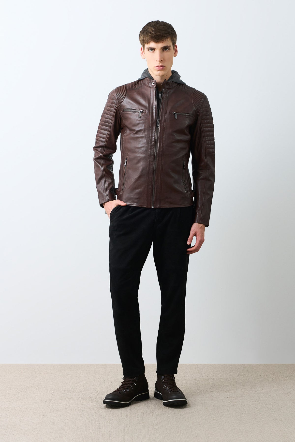 Men's Belmont Leather Jacket with Hood and Bib