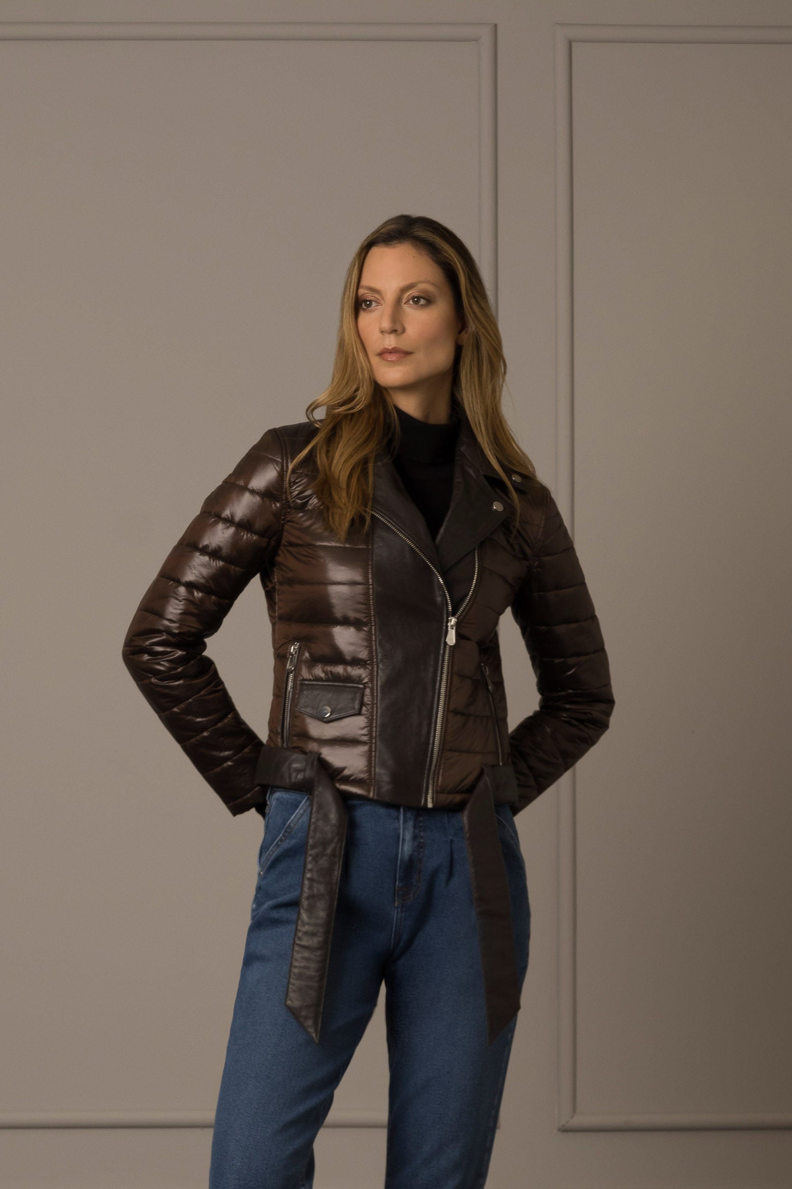 Women’s Soul Biker-Style Puffer Jacket in Leather