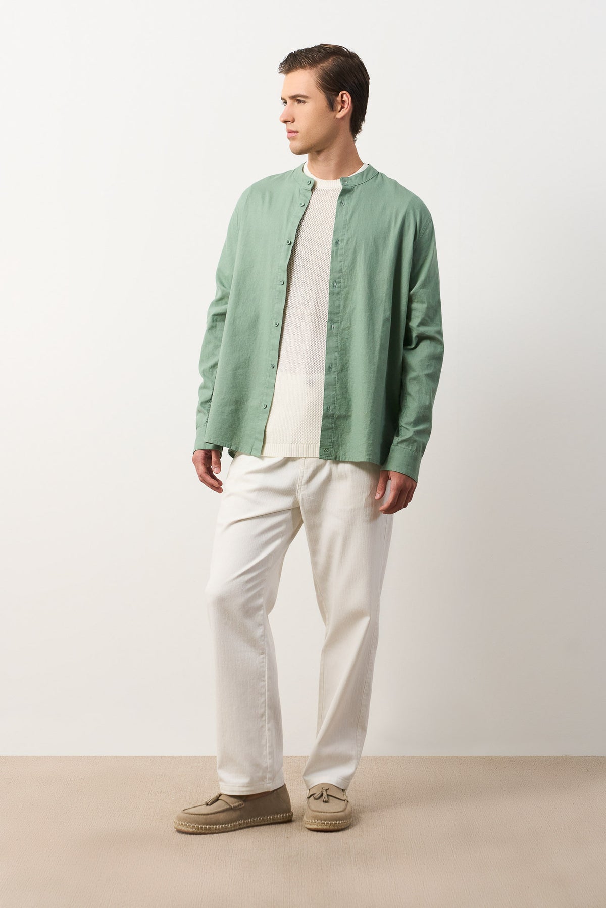 Men's Long Sleeve Linen Band Collar Shirt