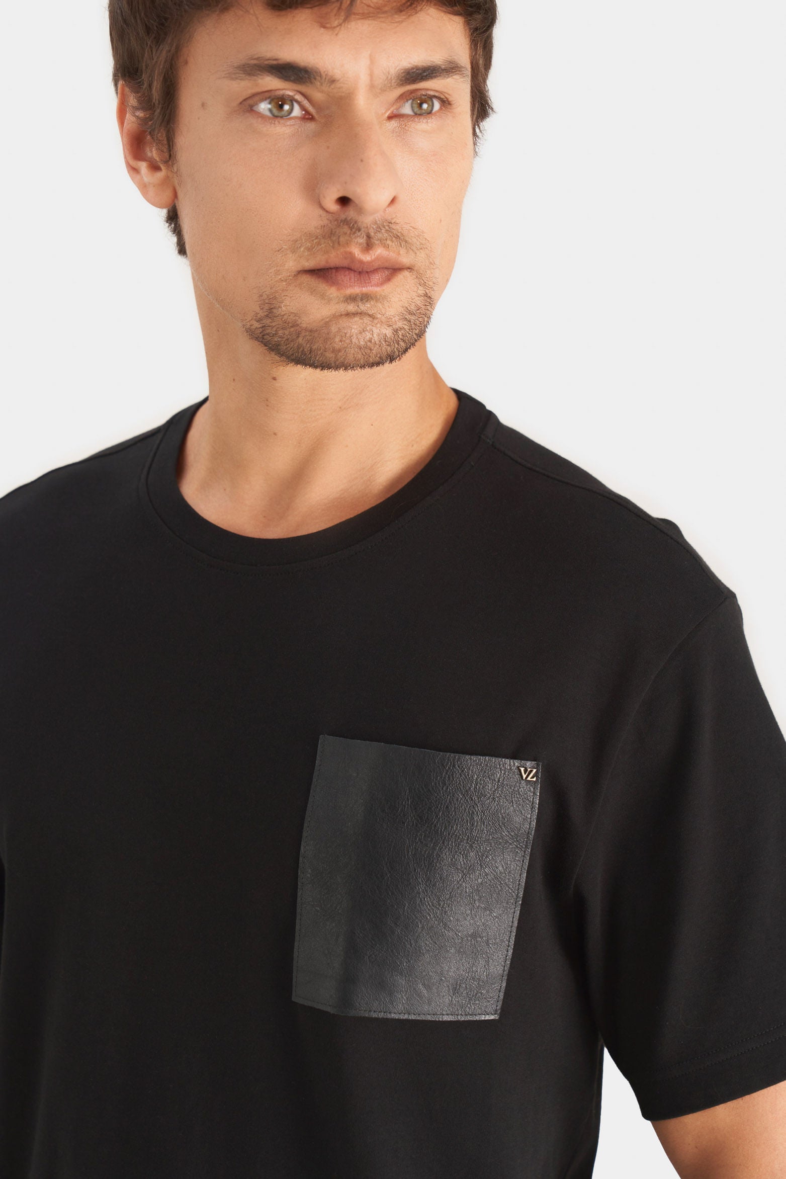 Cotton T-Shirt for Men with Leather Pocket