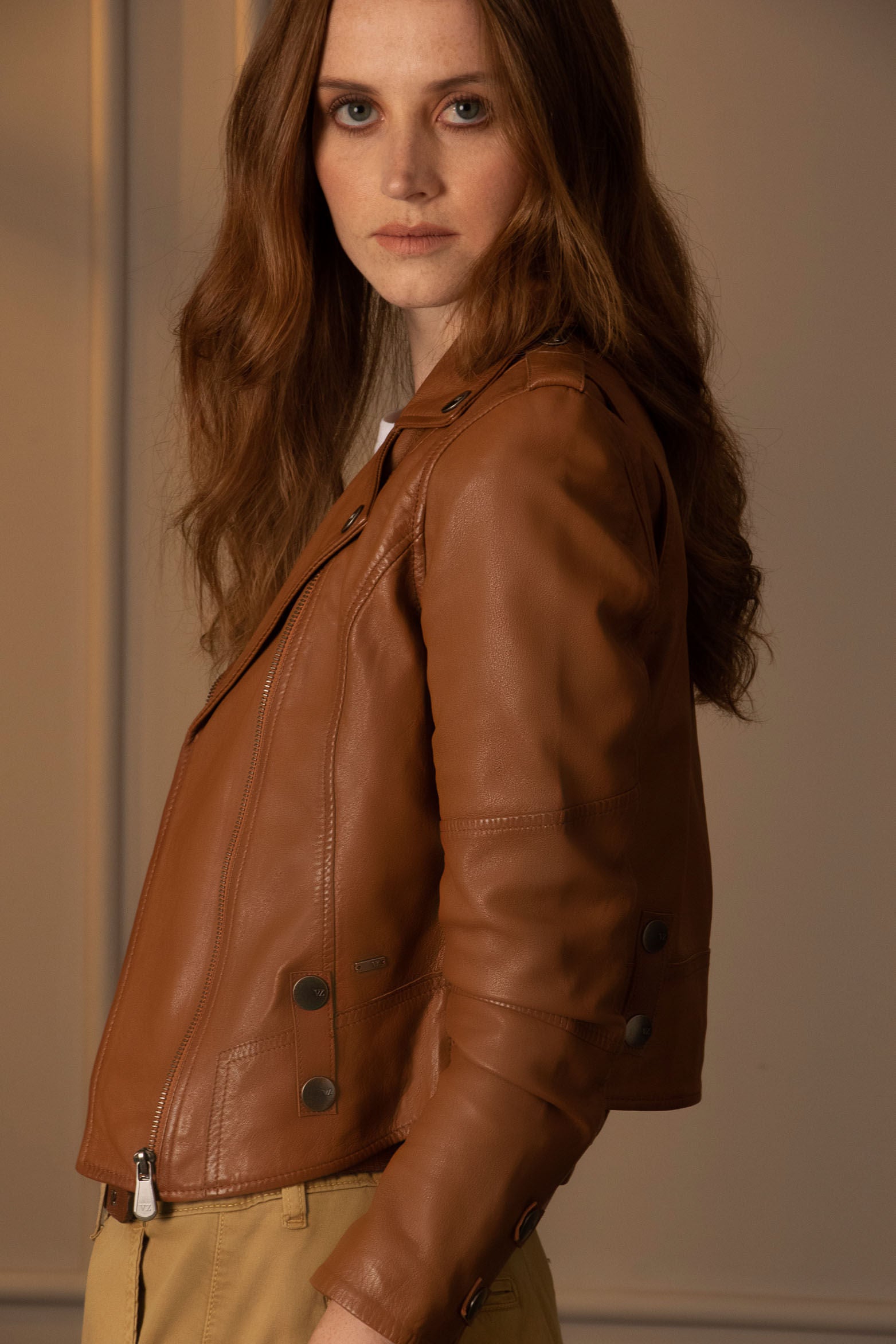 Women’s Biker Jacket in Honey Leather with Epaulets
