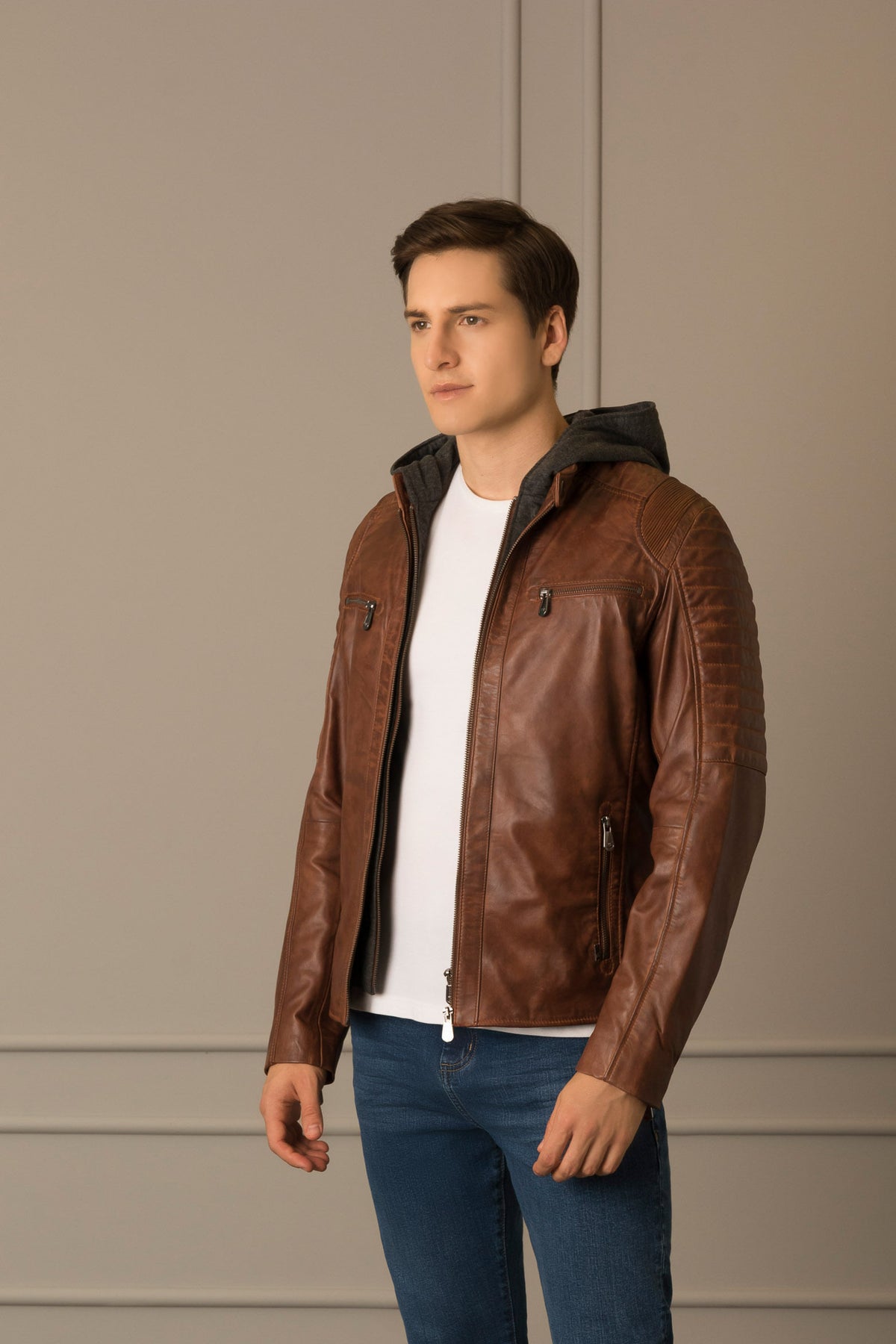 Men`s Belmont Leather Jacket with Hood and Chest Pocket