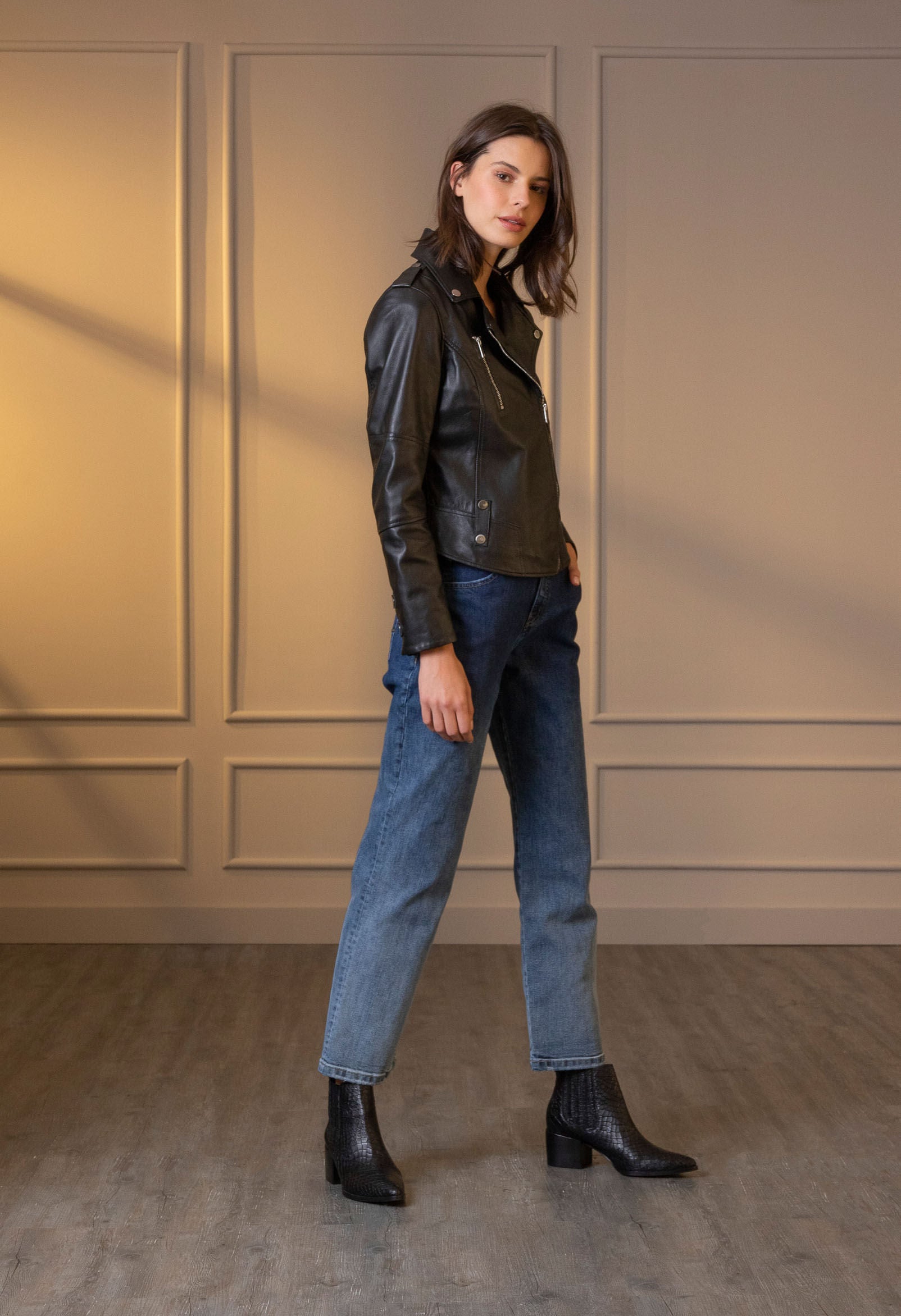 Women’s Biker Jacket in Black Leather with Epaulets