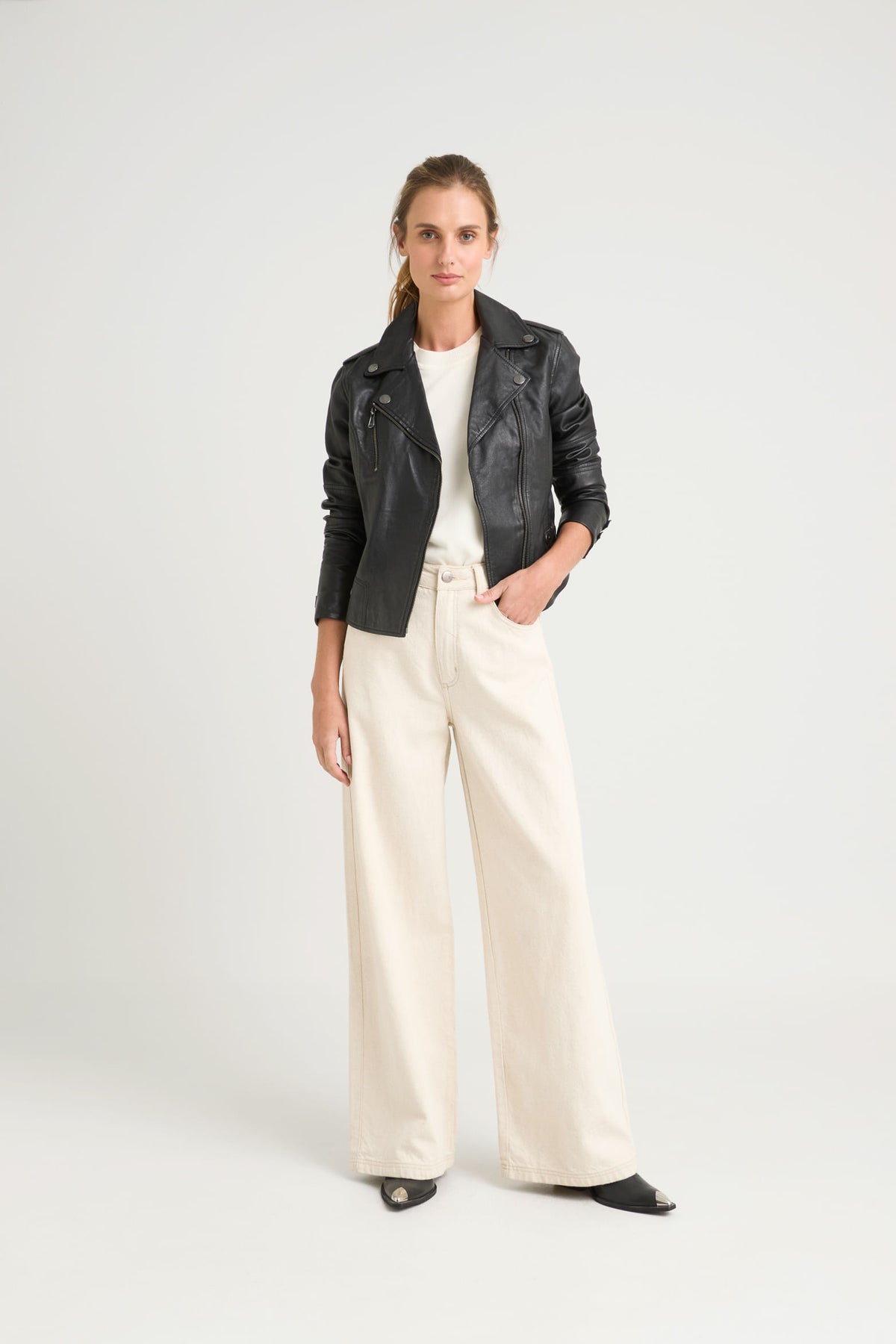 Black leather biker jacket for women with epaulettes