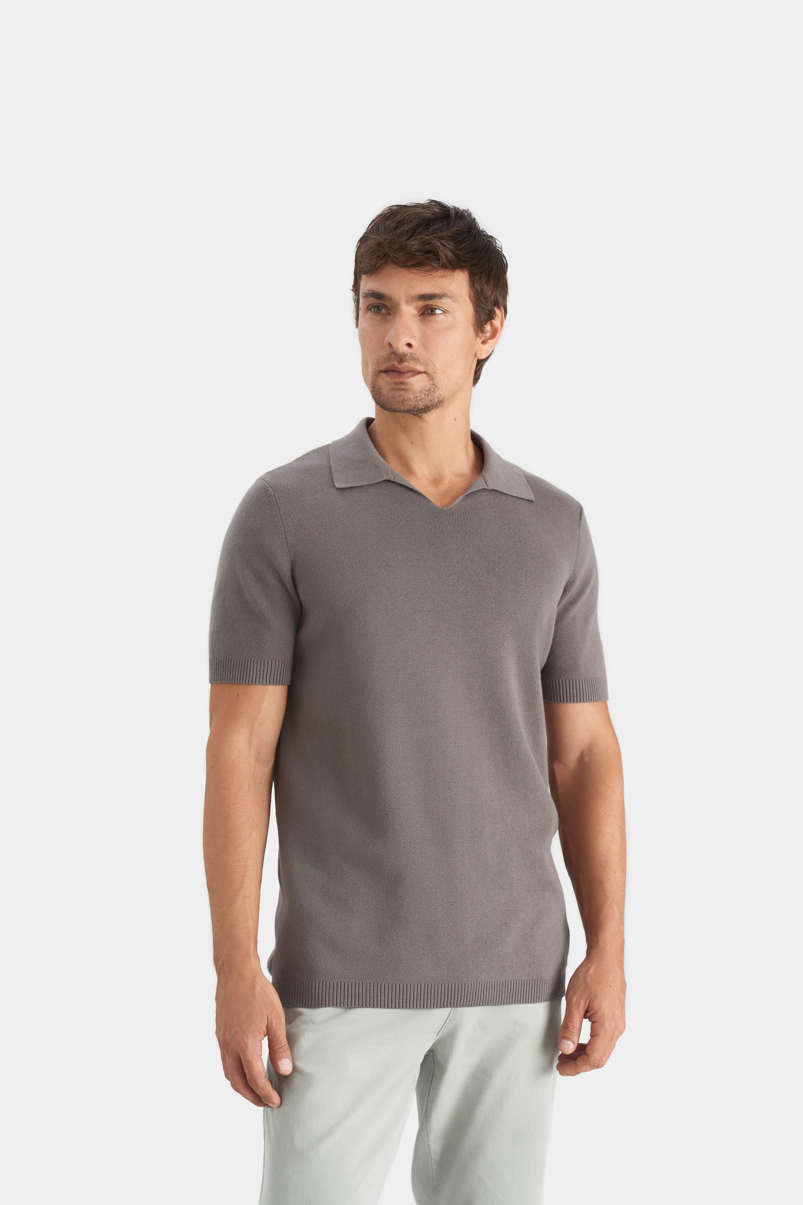 Men’s V-Neck Knit Polo in Gray XX