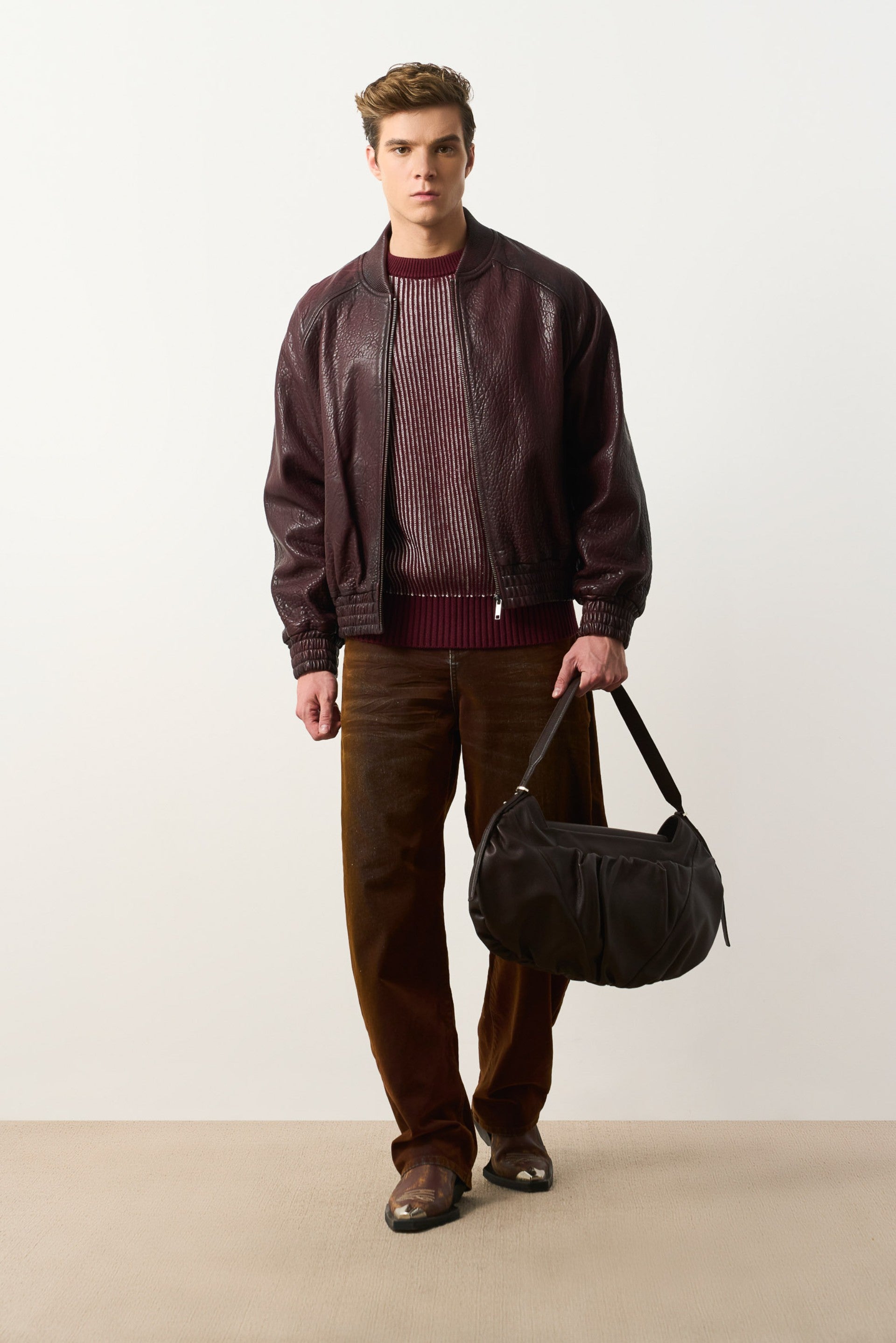 Men's Calypso Textured Leather Bomber Jacket
