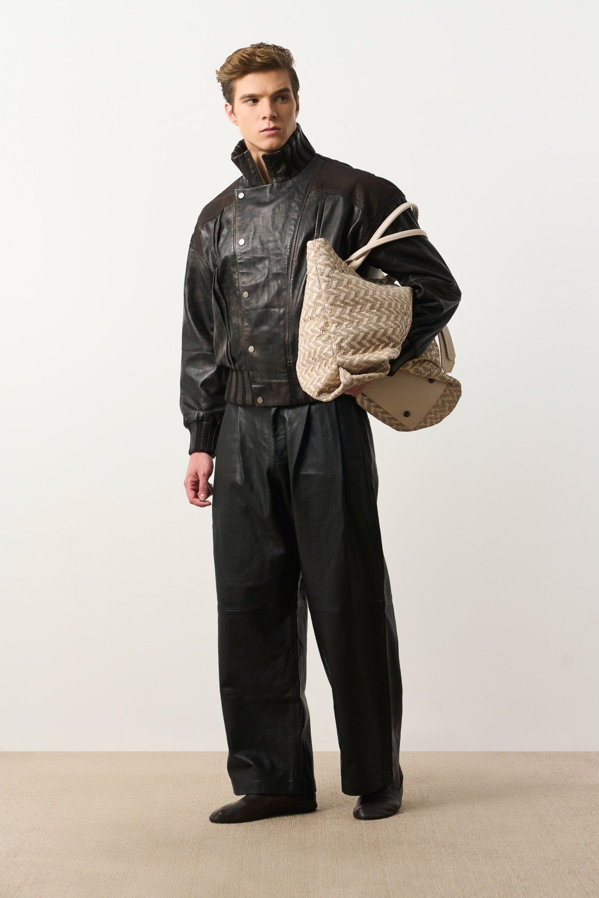 Men's Leather and Denim Bomber Jacket