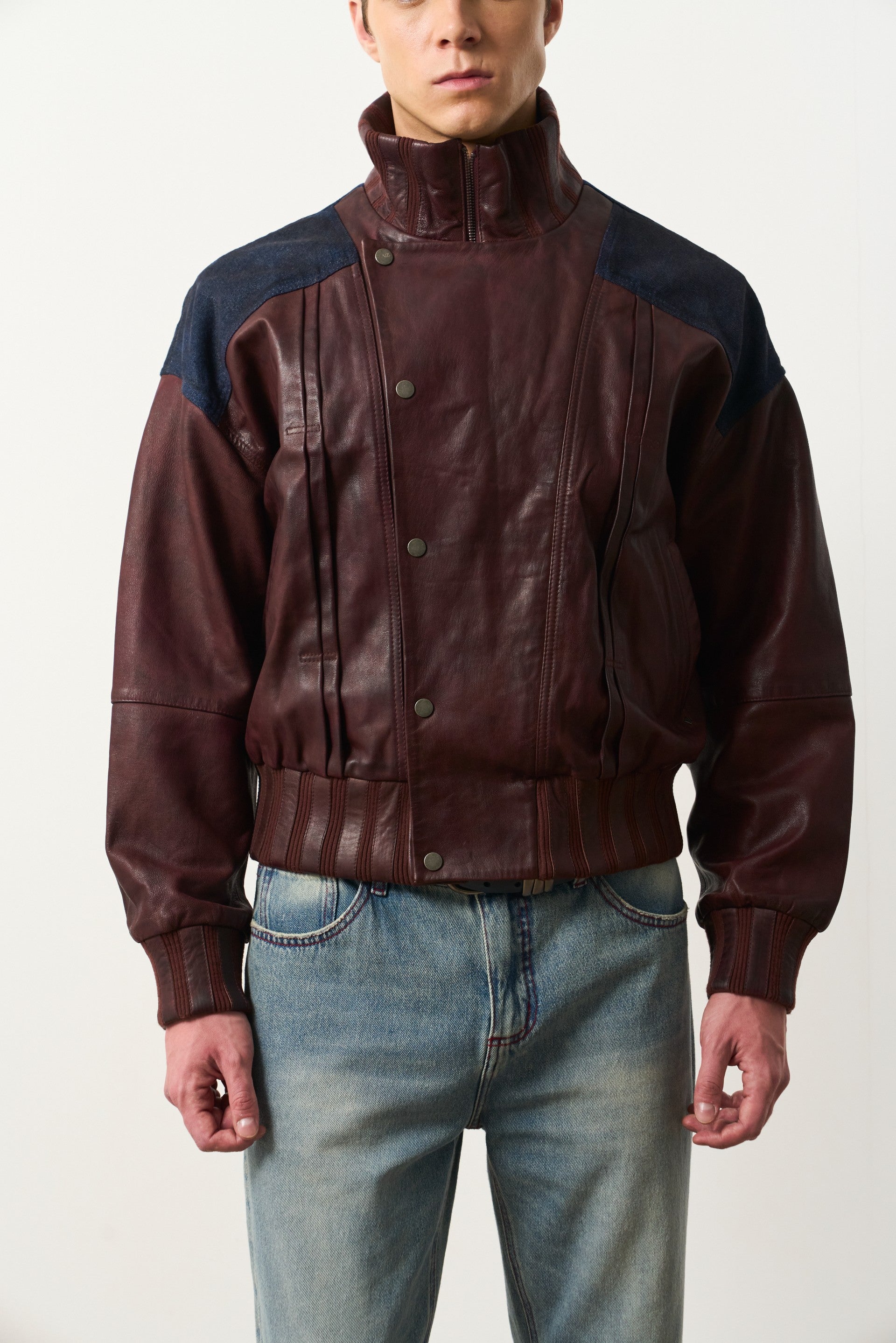 Men's Leather & Denim Bomber Jacket