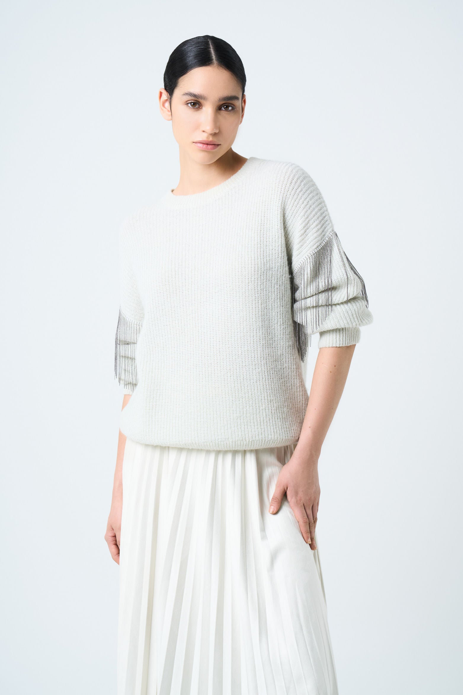 Draco knit sweater for women with fringe and millaré details