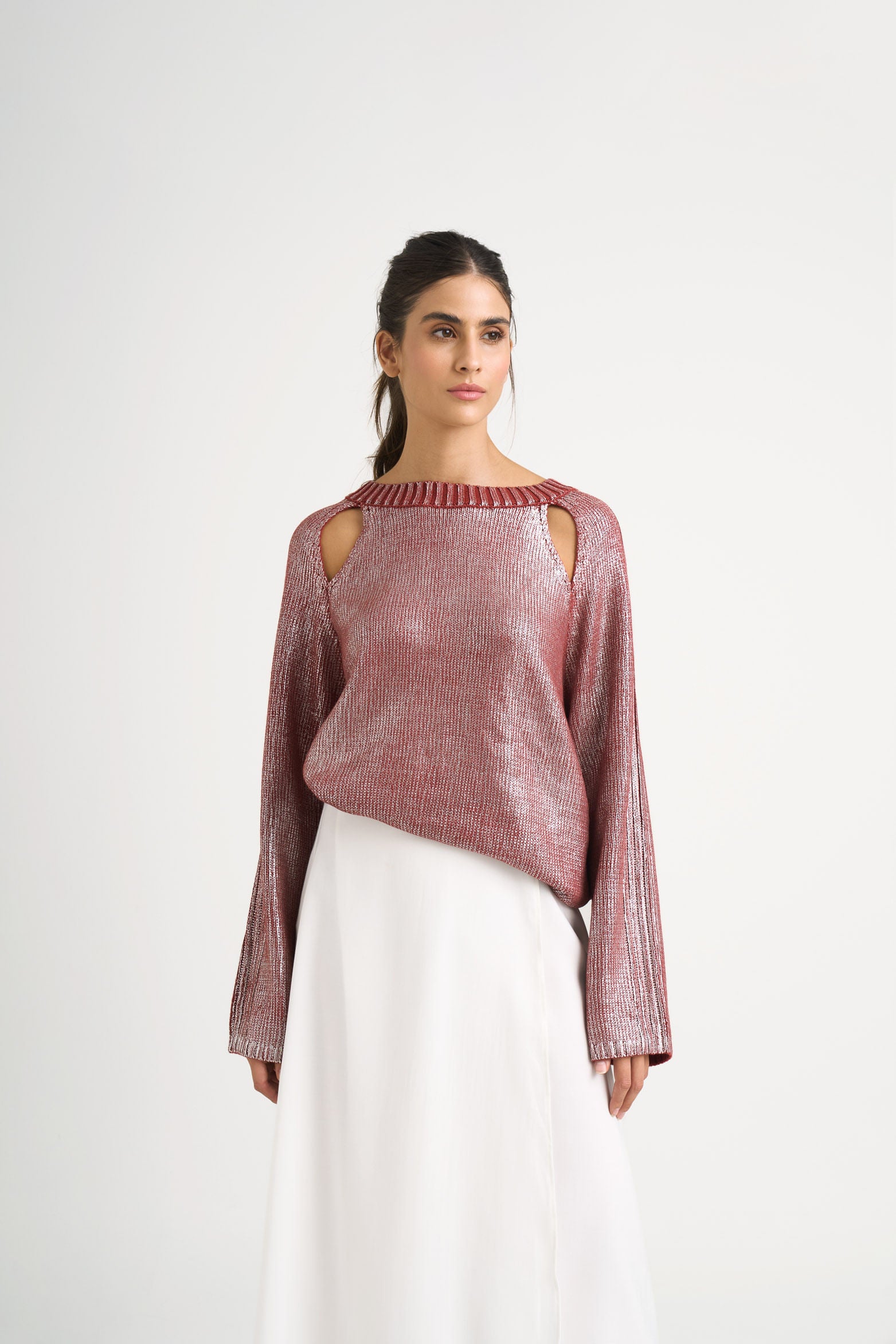 Star straight-knit sweater for women with metallic effect