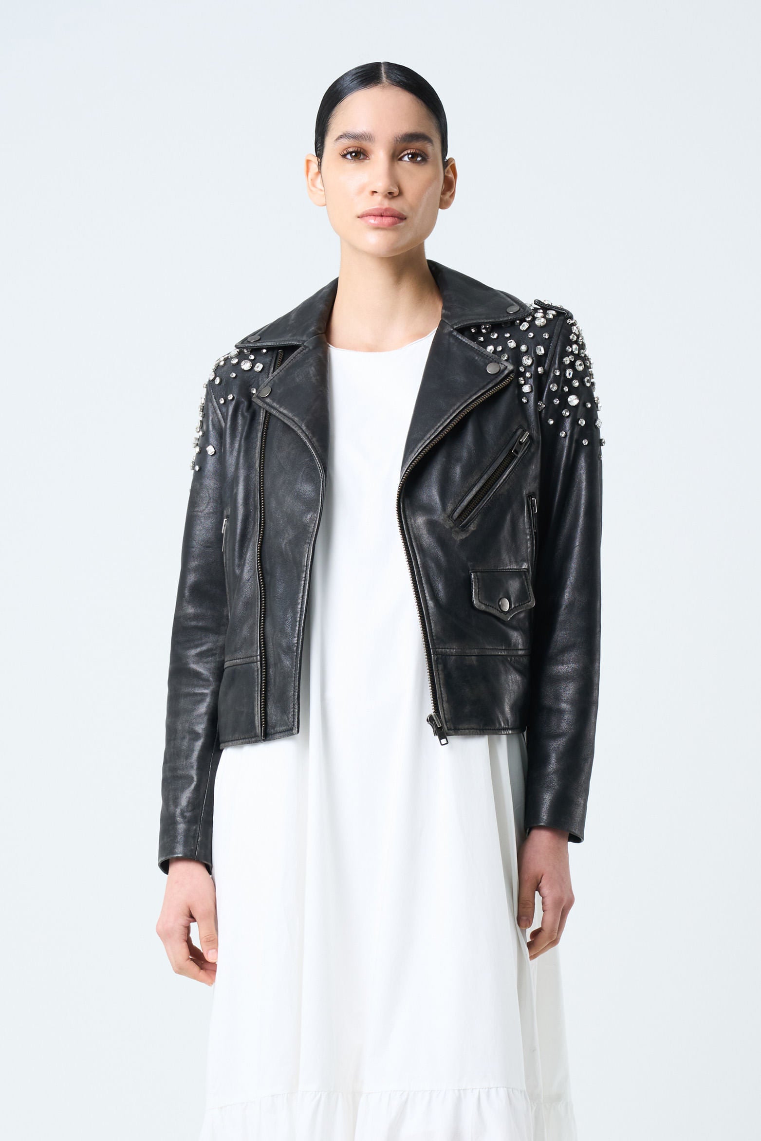 Leather biker jacket for women with crystals