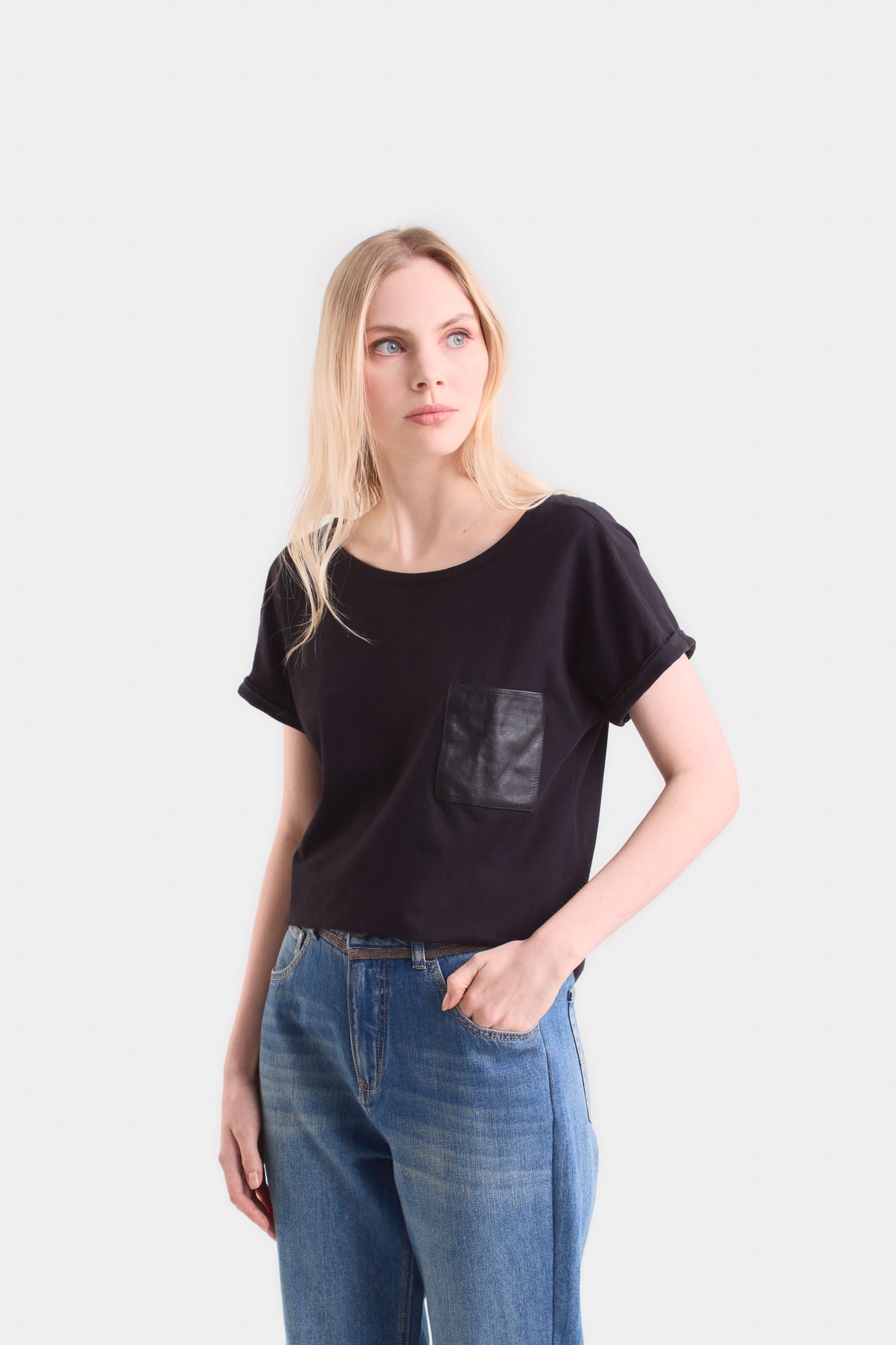 Women's Short Sleeve Blouse with Leather Pocket