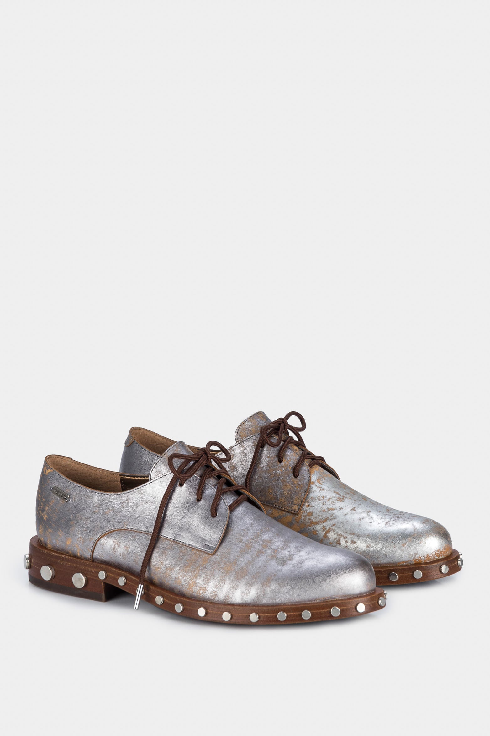Women’s Lace-Up Oxfords in Gunmetal Gray Metallized Leather with Stud Detail