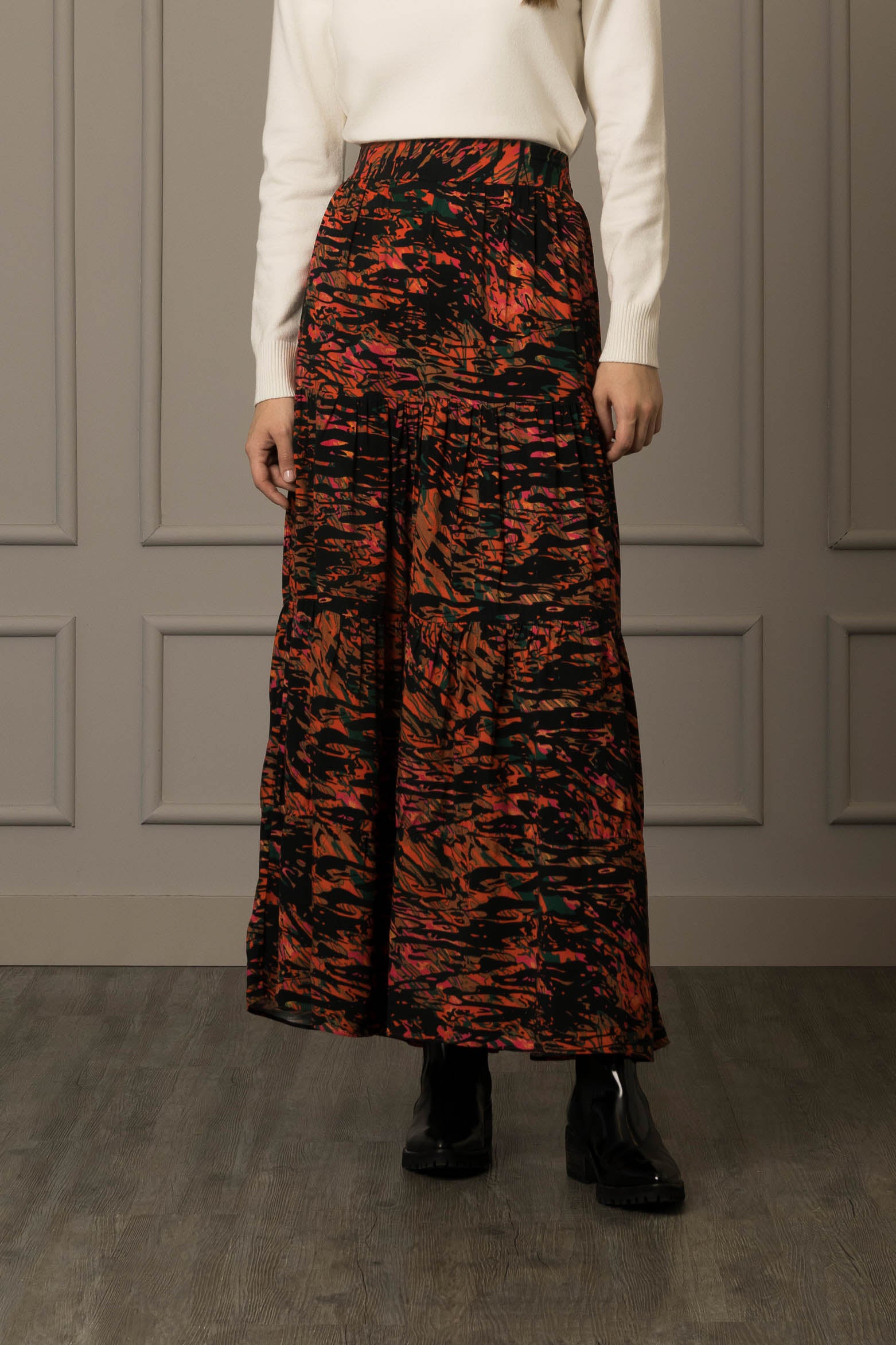 Women’s Lumini Maxi Skirt in Multicolor Flat Woven Fabric with Abstract Print