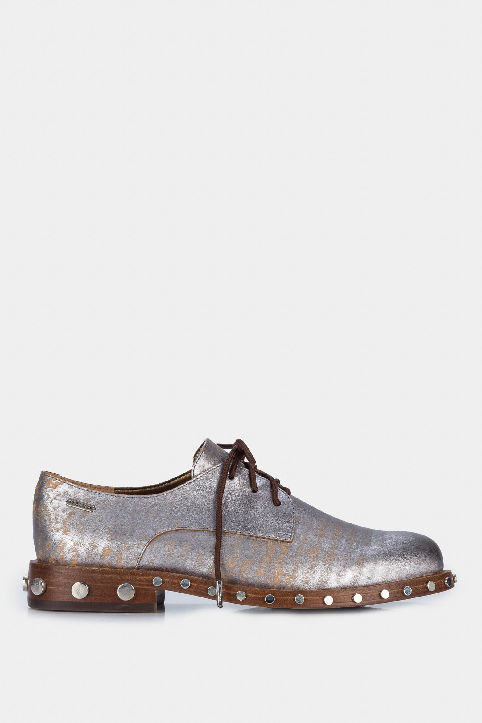 Women’s Lace-Up Oxfords in Gunmetal Gray Metallized Leather with Stud Detail