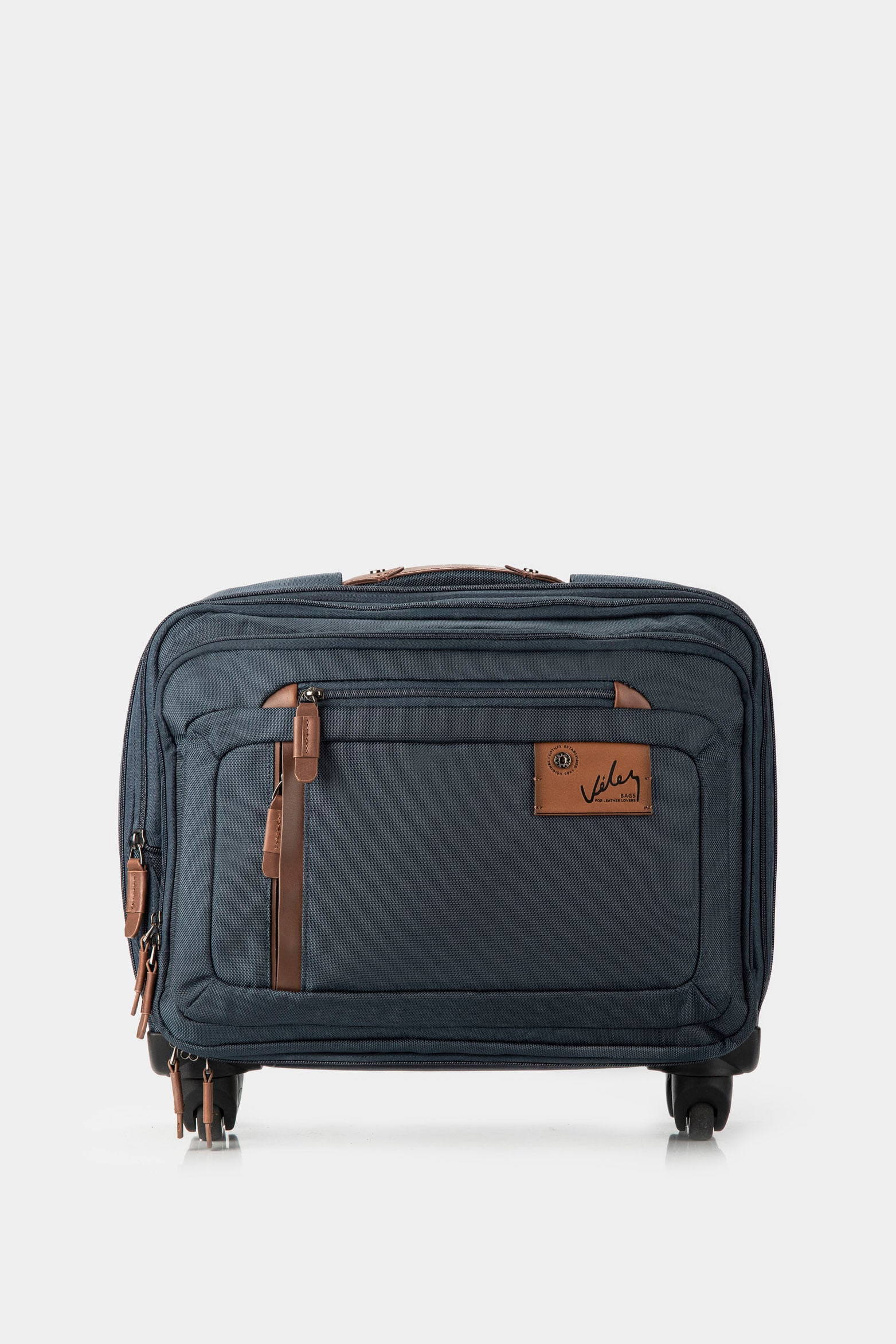 16” Living Wheeled Briefcase in Dark Blue Canvas with Leather Details