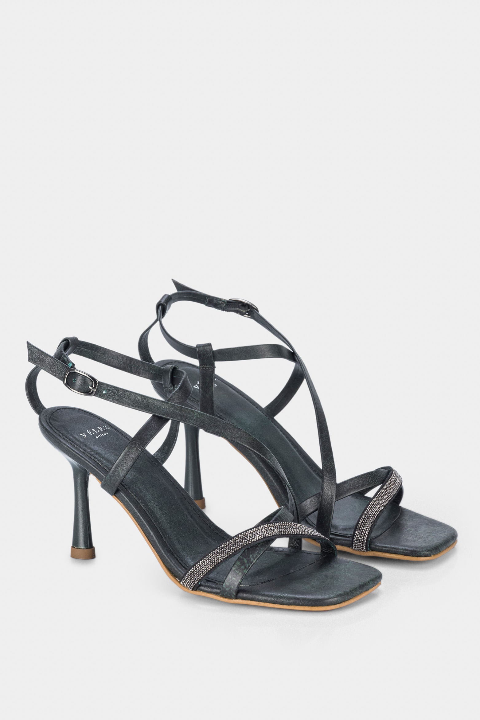 Women’s Figi Stiletto Sandals in Green Leather with Decorative Appliqué