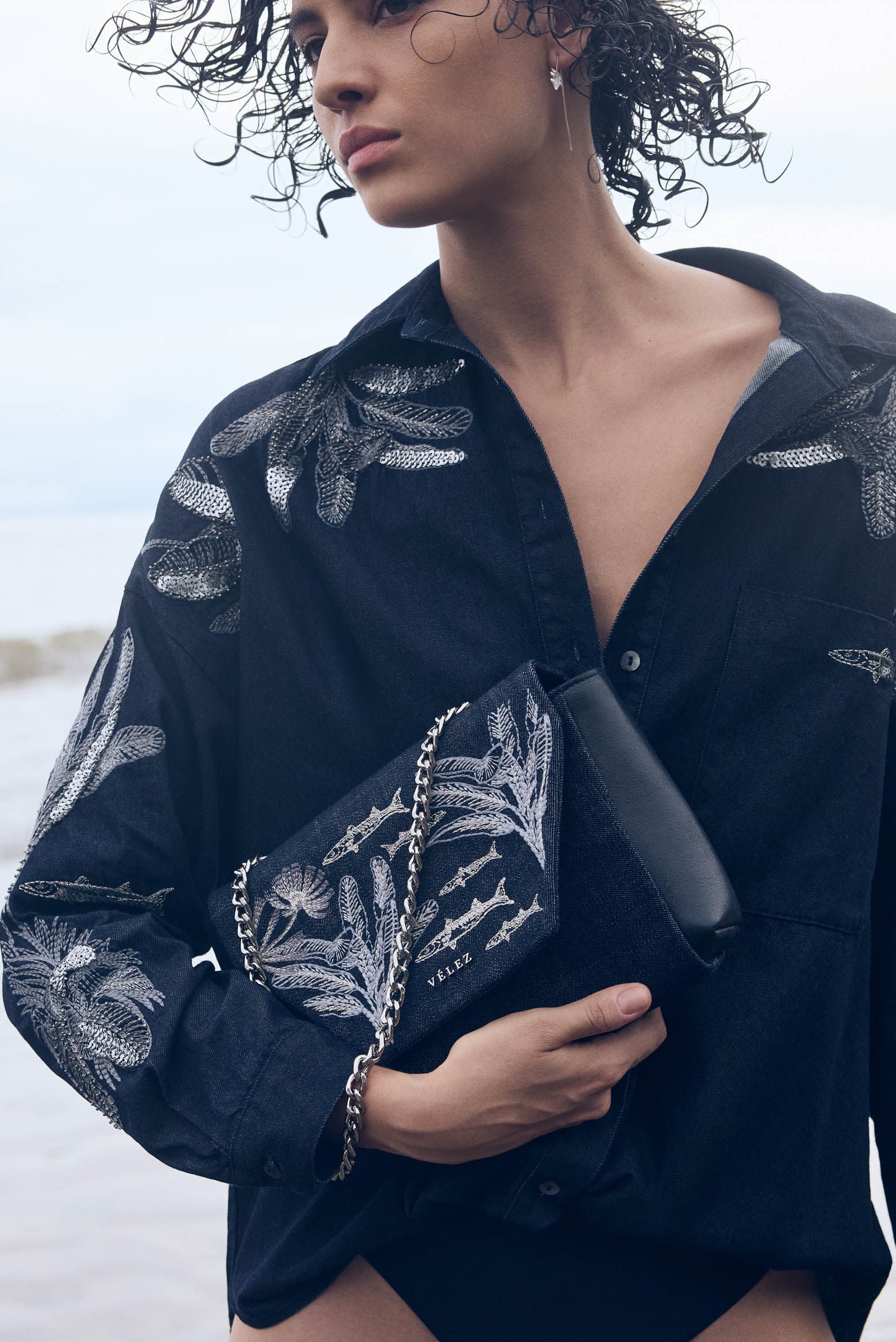 Oversized Shirt for Women with Metallic Embroidery