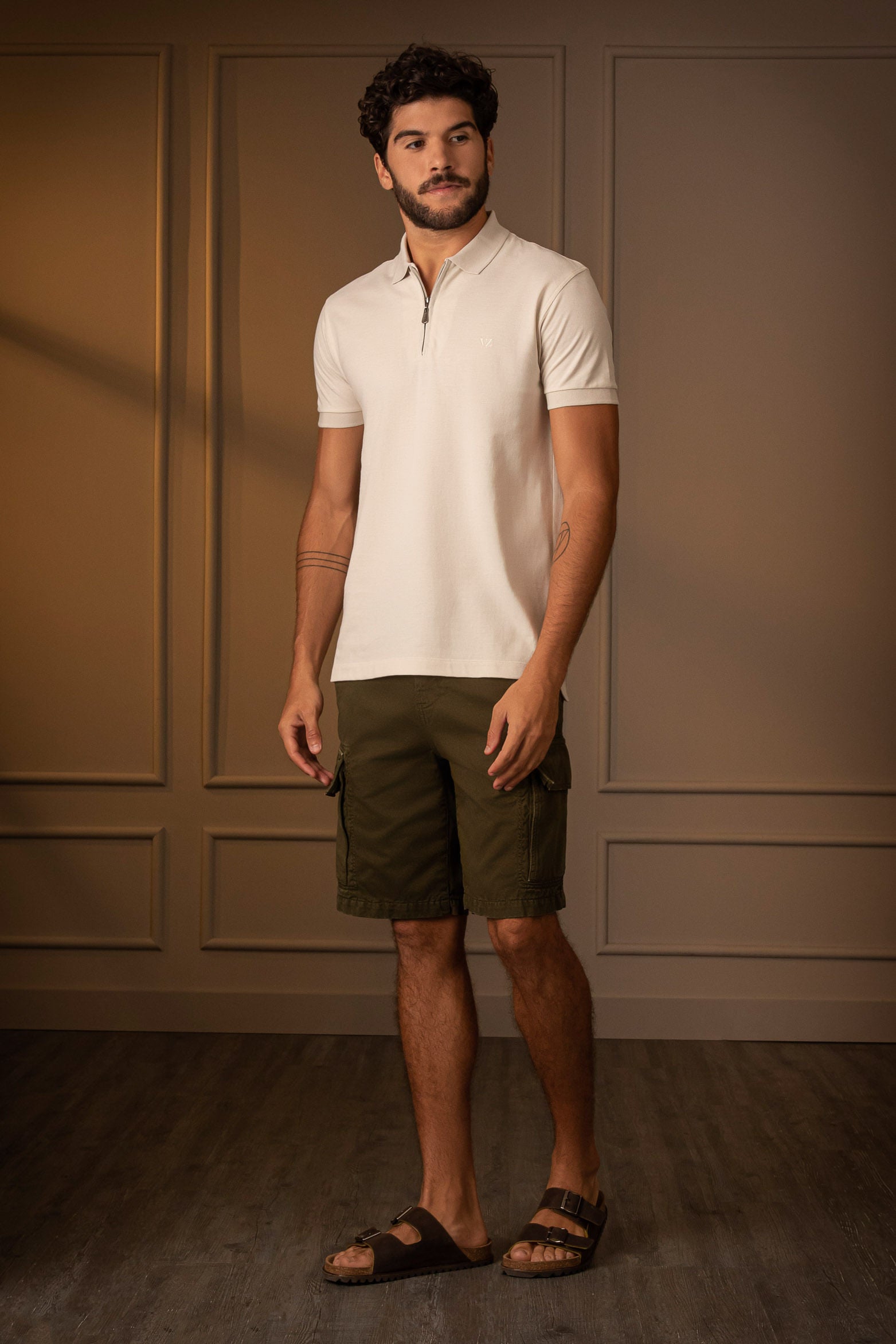 Alma Casual Cotton Polo for Men, Cream Zipper