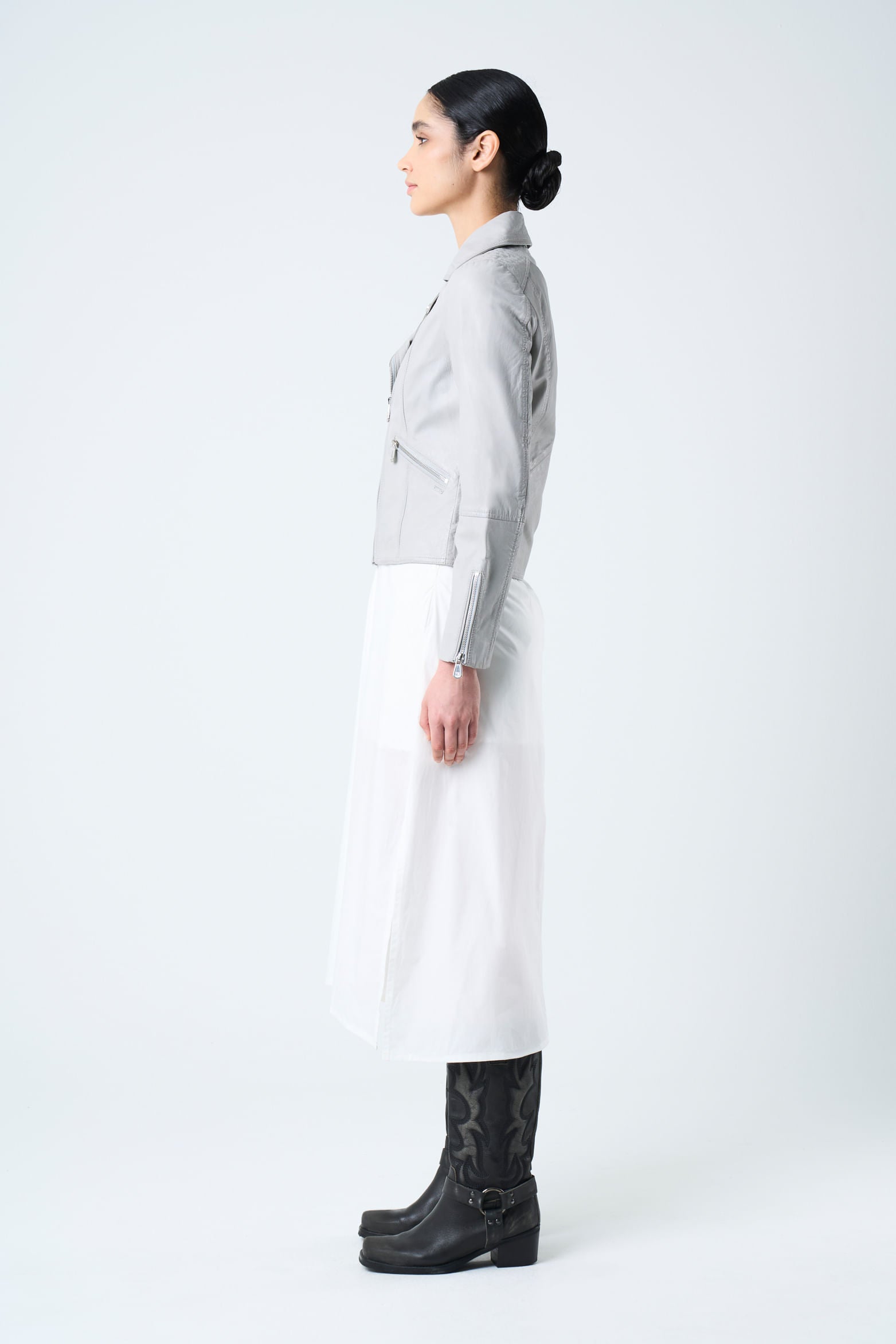 Biker-Style Leather Jacket for Women with Zippers Grey